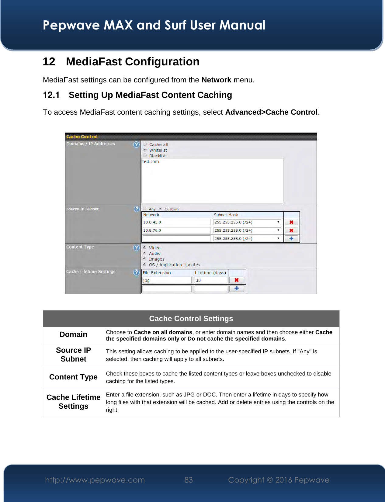  Pepwave MAX and Surf User Manual http://www.pepwave.com  83    Copyright @ 2016 Pepwave   12 MediaFast Configuration MediaFast settings can be configured from the Network menu. 12.1   Setting Up MediaFast Content Caching To access MediaFast content caching settings, select Advanced&gt;Cache Control.    Cache Control Settings Domain  Choose to Cache on all domains, or enter domain names and then choose either Cache the specified domains only or Do not cache the specified domains. Source IP Subnet This setting allows caching to be applied to the user-specified IP subnets. If &quot;Any&quot; is selected, then caching will apply to all subnets. Content Type  Check these boxes to cache the listed content types or leave boxes unchecked to disable caching for the listed types. Cache Lifetime Settings Enter a file extension, such as JPG or DOC. Then enter a lifetime in days to specify how long files with that extension will be cached. Add or delete entries using the controls on the right.    