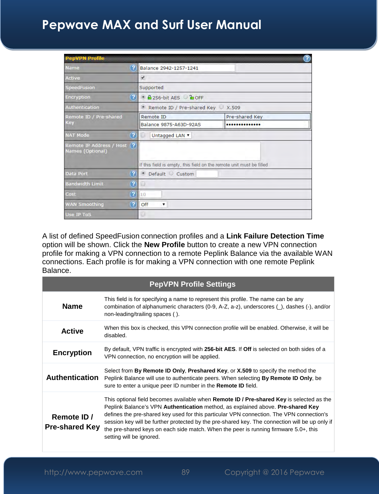  Pepwave MAX and Surf User Manual http://www.pepwave.com  89    Copyright @ 2016 Pepwave     A list of defined SpeedFusion connection profiles and a Link Failure Detection Time option will be shown. Click the New Profile button to create a new VPN connection profile for making a VPN connection to a remote Peplink Balance via the available WAN connections. Each profile is for making a VPN connection with one remote Peplink Balance. PepVPN Profile Settings Name This field is for specifying a name to represent this profile. The name can be any combination of alphanumeric characters (0-9, A-Z, a-z), underscores (_), dashes (-), and/or non-leading/trailing spaces ( ). Active When this box is checked, this VPN connection profile will be enabled. Otherwise, it will be disabled. Encryption  By default, VPN traffic is encrypted with 256-bit AES. If Off is selected on both sides of a VPN connection, no encryption will be applied. Authentication Select from By Remote ID Only, Preshared Key, or X.509 to specify the method the Peplink Balance will use to authenticate peers. When selecting By Remote ID Only, be sure to enter a unique peer ID number in the Remote ID field. Remote ID / Pre-shared Key This optional field becomes available when Remote ID / Pre-shared Key is selected as the Peplink Balance’s VPN Authentication method, as explained above. Pre-shared Key defines the pre-shared key used for this particular VPN connection. The VPN connection&apos;s session key will be further protected by the pre-shared key. The connection will be up only if the pre-shared keys on each side match. When the peer is running firmware 5.0+, this setting will be ignored.   