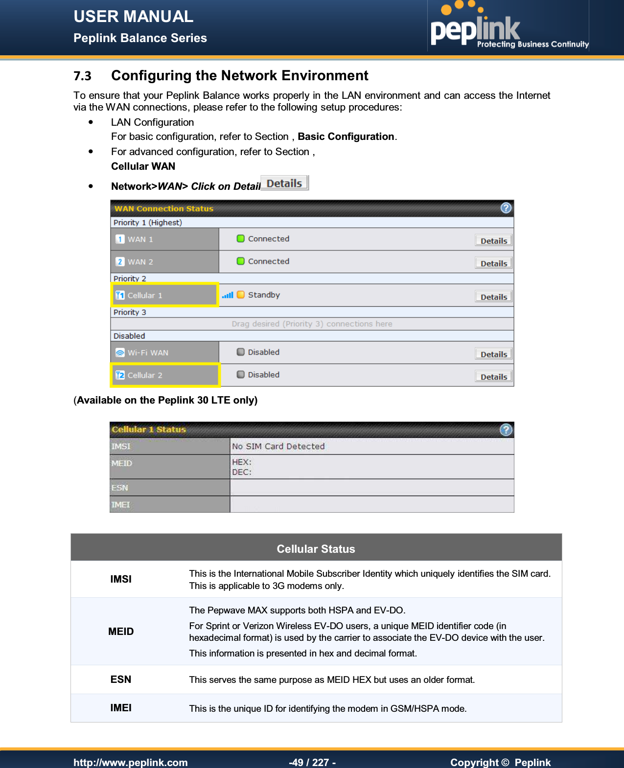 USER MANUAL Peplink Balance Series   http://www.peplink.com -49 / 227 -  Copyright ©  Peplink 7.3  Configuring the Network Environment To ensure that your Peplink Balance works properly in the LAN environment and can access the Internet via the WAN connections, please refer to the following setup procedures:   LAN Configuration  For basic configuration, refer to Section , Basic Configuration.   For advanced configuration, refer to Section ,  Cellular WAN  Network&gt;WAN&gt; Click on Detail   (Available on the Peplink 30 LTE only)    Cellular Status IMSI  This is the International Mobile Subscriber Identity which uniquely identifies the SIM card.  This is applicable to 3G modems only. MEID The Pepwave MAX supports both HSPA and EV-DO.  For Sprint or Verizon Wireless EV-DO users, a unique MEID identifier code (in hexadecimal format) is used by the carrier to associate the EV-DO device with the user. This information is presented in hex and decimal format. ESN  This serves the same purpose as MEID HEX but uses an older format. IMEI  This is the unique ID for identifying the modem in GSM/HSPA mode. 