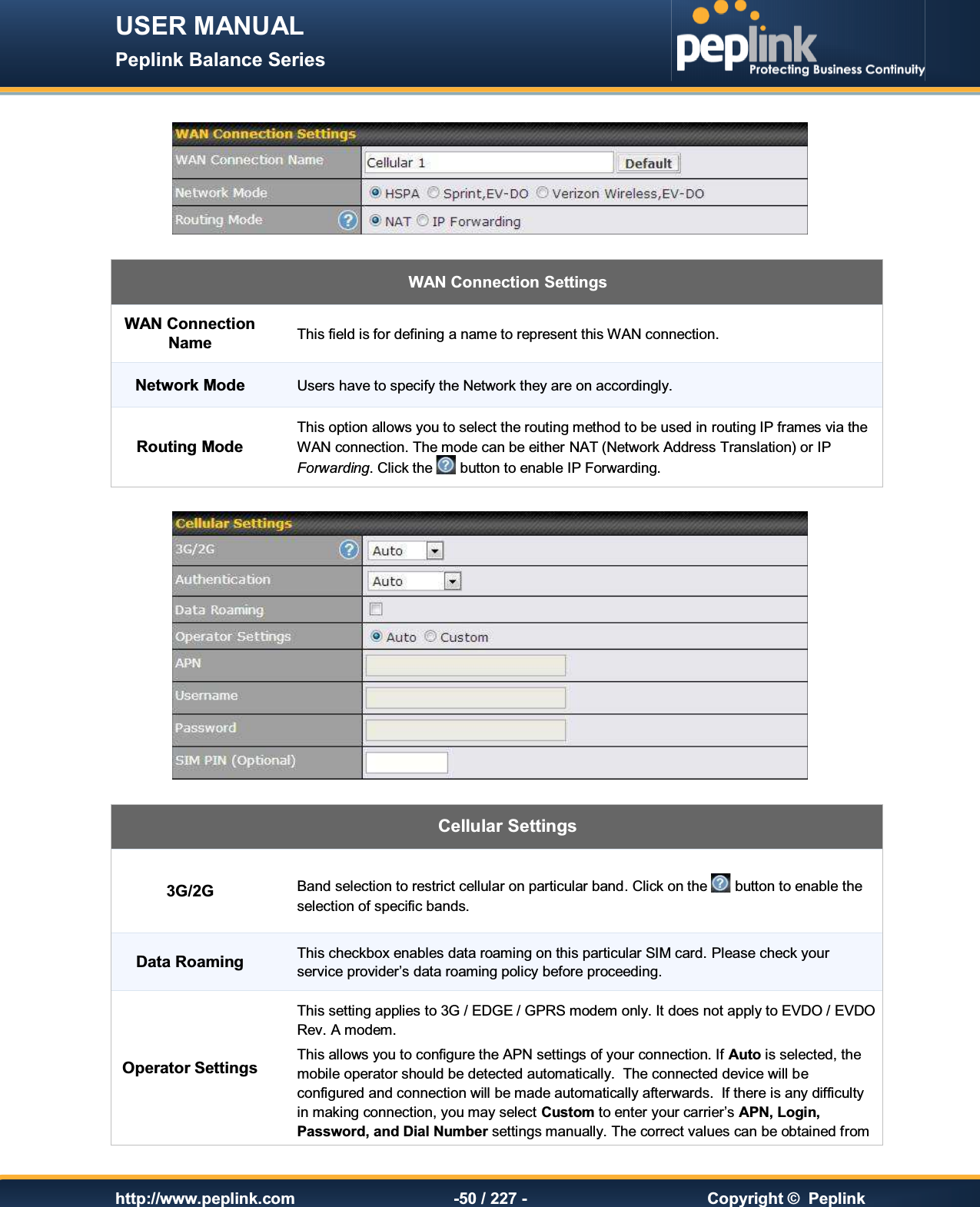 USER MANUAL Peplink Balance Series   http://www.peplink.com -50 / 227 -  Copyright ©  Peplink    WAN Connection Settings WAN Connection Name This field is for defining a name to represent this WAN connection. Network Mode Users have to specify the Network they are on accordingly. Routing Mode This option allows you to select the routing method to be used in routing IP frames via the WAN connection. The mode can be either NAT (Network Address Translation) or IP Forwarding. Click the   button to enable IP Forwarding.    Cellular Settings 3G/2G  Band selection to restrict cellular on particular band. Click on the   button to enable the selection of specific bands. Data Roaming This checkbox enables data roaming on this particular SIM card. Please check your service provider’s data roaming policy before proceeding. Operator Settings This setting applies to 3G / EDGE / GPRS modem only. It does not apply to EVDO / EVDO Rev. A modem. This allows you to configure the APN settings of your connection. If Auto is selected, the mobile operator should be detected automatically.  The connected device will be configured and connection will be made automatically afterwards.  If there is any difficulty in making connection, you may select Custom to enter your carrier’s APN, Login, Password, and Dial Number settings manually. The correct values can be obtained from 