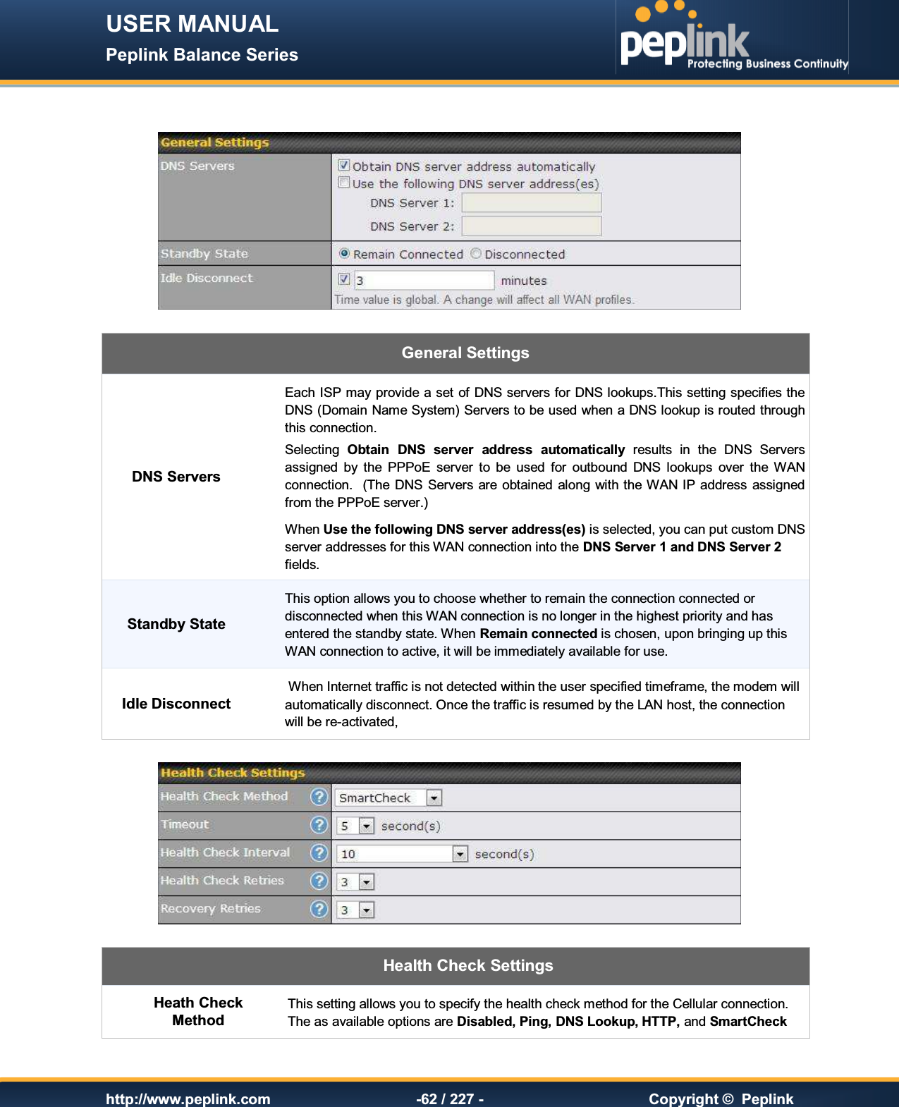 USER MANUAL Peplink Balance Series   http://www.peplink.com -62 / 227 -  Copyright ©  Peplink     General Settings DNS Servers Each ISP may provide a set of DNS servers for DNS lookups.This setting specifies the DNS (Domain Name System) Servers to be used when a DNS lookup is routed through this connection.  Selecting  Obtain  DNS  server  address  automatically  results  in  the  DNS  Servers assigned  by  the  PPPoE  server  to  be  used  for  outbound  DNS  lookups  over  the  WAN connection.   (The DNS Servers  are  obtained  along with the WAN IP  address assigned from the PPPoE server.) When Use the following DNS server address(es) is selected, you can put custom DNS server addresses for this WAN connection into the DNS Server 1 and DNS Server 2 fields. Standby State This option allows you to choose whether to remain the connection connected or disconnected when this WAN connection is no longer in the highest priority and has entered the standby state. When Remain connected is chosen, upon bringing up this WAN connection to active, it will be immediately available for use. Idle Disconnect  When Internet traffic is not detected within the user specified timeframe, the modem will automatically disconnect. Once the traffic is resumed by the LAN host, the connection will be re-activated,     Health Check Settings Heath Check Method This setting allows you to specify the health check method for the Cellular connection. The as available options are Disabled, Ping, DNS Lookup, HTTP, and SmartCheck 