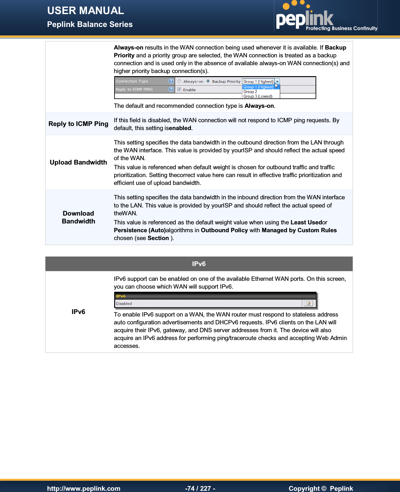 USER MANUAL Peplink Balance Series   http://www.peplink.com -74 / 227 -  Copyright ©  Peplink Always-on results in the WAN connection being used whenever it is available. If Backup Priority and a priority group are selected, the WAN connection is treated as a backup connection and is used only in the absence of available always-on WAN connection(s) and higher priority backup connection(s).  The default and recommended connection type is Always-on. Reply to ICMP Ping If this field is disabled, the WAN connection will not respond to ICMP ping requests. By default, this setting isenabled. Upload Bandwidth This setting specifies the data bandwidth in the outbound direction from the LAN through the WAN interface. This value is provided by yourISP and should reflect the actual speed of the WAN. This value is referenced when default weight is chosen for outbound traffic and traffic prioritization. Setting thecorrect value here can result in effective traffic prioritization and efficient use of upload bandwidth. Download Bandwidth This setting specifies the data bandwidth in the inbound direction from the WAN interface to the LAN. This value is provided by yourISP and should reflect the actual speed of theWAN. This value is referenced as the default weight value when using the Least Usedor Persistence (Auto)algorithms in Outbound Policy with Managed by Custom Rules chosen (see Section ).  IPv6  IPv6 IPv6 support can be enabled on one of the available Ethernet WAN ports. On this screen, you can choose which WAN will support IPv6.  To enable IPv6 support on a WAN, the WAN router must respond to stateless address auto configuration advertisements and DHCPv6 requests. IPv6 clients on the LAN will acquire their IPv6, gateway, and DNS server addresses from it. The device will also acquire an IPv6 address for performing ping/traceroute checks and accepting Web Admin accesses.   