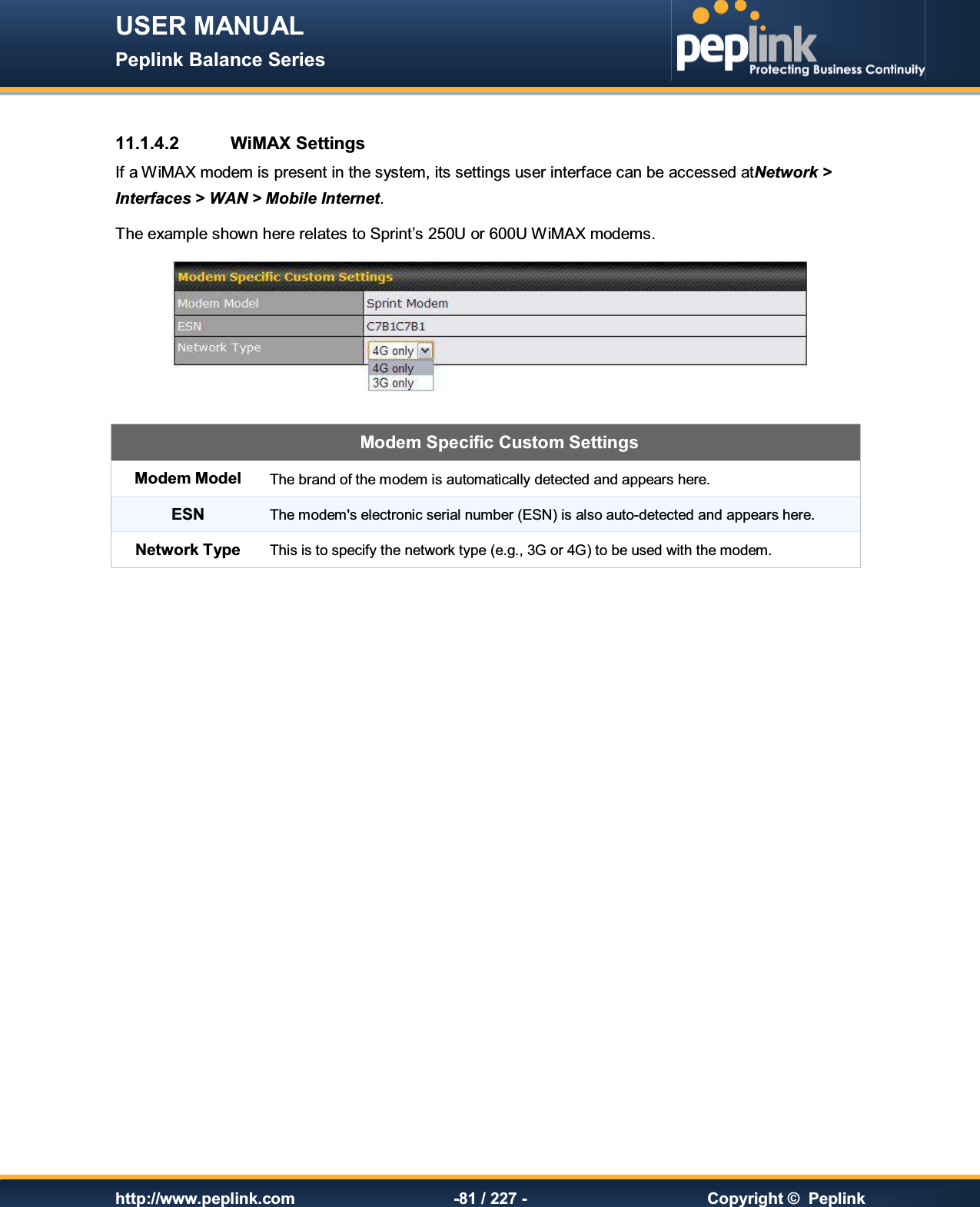 USER MANUAL Peplink Balance Series   http://www.peplink.com -81 / 227 -  Copyright ©  Peplink  11.1.4.2  WiMAX Settings  If a WiMAX modem is present in the system, its settings user interface can be accessed atNetwork &gt; Interfaces &gt; WAN &gt; Mobile Internet. The example shown here relates to Sprint’s 250U or 600U WiMAX modems.   Modem Specific Custom Settings Modem Model The brand of the modem is automatically detected and appears here. ESN The modem&apos;s electronic serial number (ESN) is also auto-detected and appears here. Network Type This is to specify the network type (e.g., 3G or 4G) to be used with the modem.    