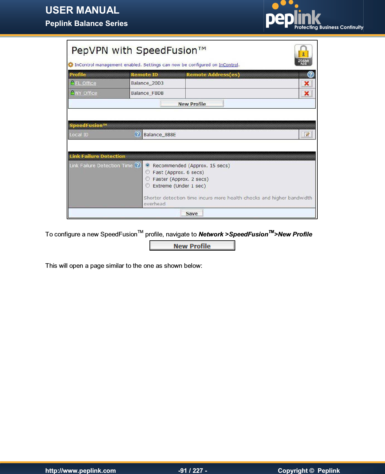 USER MANUAL Peplink Balance Series   http://www.peplink.com -91 / 227 -  Copyright ©  Peplink   To configure a new SpeedFusionTM profile, navigate to Network &gt;SpeedFusionTM&gt;New Profile    This will open a page similar to the one as shown below:    