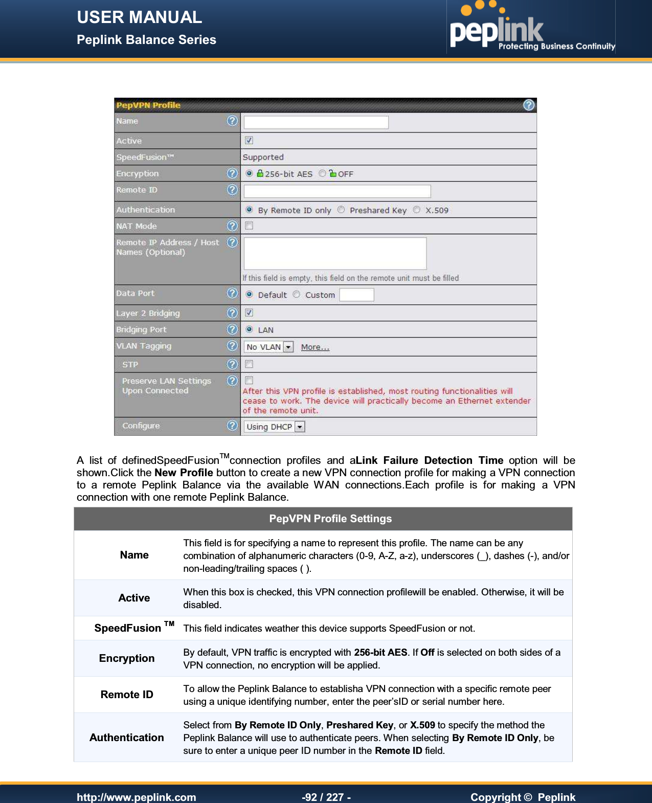 USER MANUAL Peplink Balance Series   http://www.peplink.com -92 / 227 -  Copyright ©  Peplink     A  list  of  definedSpeedFusionTMconnection  profiles  and  aLink  Failure  Detection  Time  option  will  be shown.Click the New Profile button to create a new VPN connection profile for making a VPN connection to  a  remote  Peplink  Balance  via  the  available  WAN  connections.Each  profile  is  for  making  a  VPN connection with one remote Peplink Balance. PepVPN Profile Settings Name This field is for specifying a name to represent this profile. The name can be any combination of alphanumeric characters (0-9, A-Z, a-z), underscores (_), dashes (-), and/or non-leading/trailing spaces ( ). Active When this box is checked, this VPN connection profilewill be enabled. Otherwise, it will be disabled. SpeedFusion TM This field indicates weather this device supports SpeedFusion or not. Encryption By default, VPN traffic is encrypted with 256-bit AES. If Off is selected on both sides of a VPN connection, no encryption will be applied. Remote ID To allow the Peplink Balance to establisha VPN connection with a specific remote peer using a unique identifying number, enter the peer’sID or serial number here. Authentication Select from By Remote ID Only, Preshared Key, or X.509 to specify the method the Peplink Balance will use to authenticate peers. When selecting By Remote ID Only, be sure to enter a unique peer ID number in the Remote ID field. 