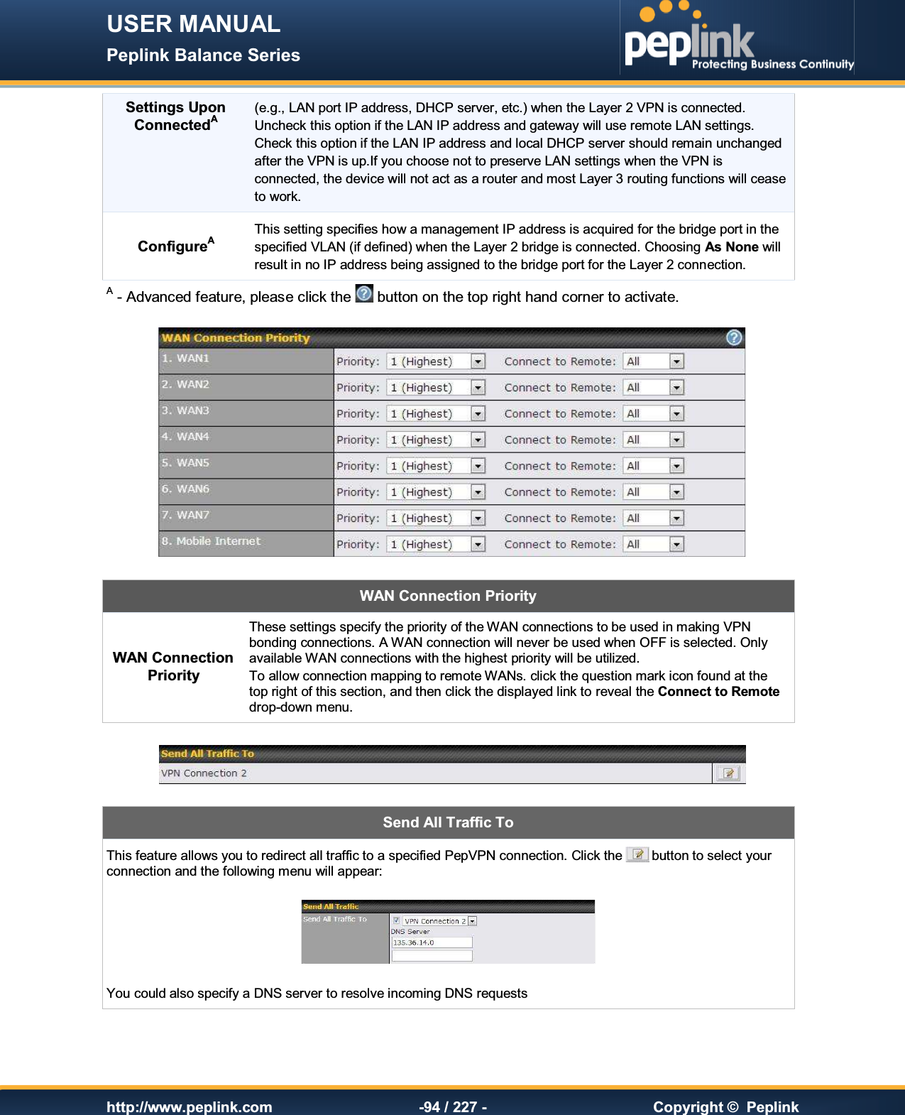 USER MANUAL Peplink Balance Series   http://www.peplink.com -94 / 227 -  Copyright ©  Peplink Settings Upon ConnectedA (e.g., LAN port IP address, DHCP server, etc.) when the Layer 2 VPN is connected. Uncheck this option if the LAN IP address and gateway will use remote LAN settings. Check this option if the LAN IP address and local DHCP server should remain unchanged after the VPN is up.If you choose not to preserve LAN settings when the VPN is connected, the device will not act as a router and most Layer 3 routing functions will cease to work. ConfigureA This setting specifies how a management IP address is acquired for the bridge port in the specified VLAN (if defined) when the Layer 2 bridge is connected. Choosing As None will result in no IP address being assigned to the bridge port for the Layer 2 connection. A - Advanced feature, please click the   button on the top right hand corner to activate.    WAN Connection Priority WAN Connection Priority These settings specify the priority of the WAN connections to be used in making VPN bonding connections. A WAN connection will never be used when OFF is selected. Only available WAN connections with the highest priority will be utilized. To allow connection mapping to remote WANs. click the question mark icon found at the top right of this section, and then click the displayed link to reveal the Connect to Remote drop-down menu.    Send All Traffic To This feature allows you to redirect all traffic to a specified PepVPN connection. Click the   button to select your connection and the following menu will appear:    You could also specify a DNS server to resolve incoming DNS requests  
