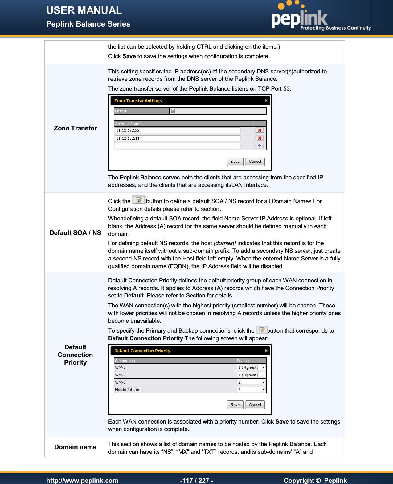 USER MANUAL Peplink Balance Series   http://www.peplink.com -117 / 227 -  Copyright ©  Peplink the list can be selected by holding CTRL and clicking on the items.) Click Save to save the settings when configuration is complete. Zone Transfer This setting specifies the IP address(es) of the secondary DNS server(s)authorized to retrieve zone records from the DNS server of the Peplink Balance. The zone transfer server of the Peplink Balance listens on TCP Port 53.    The Peplink Balance serves both the clients that are accessing from the specified IP addresses, and the clients that are accessing itsLAN Interface. Default SOA / NSClick the   button to define a default SOA / NS record for all Domain Names.For Configuration details please refer to section. Whendefining a default SOA record, the field Name Server IP Address is optional. If left blank, the Address (A) record for the same server should be defined manually in each domain. For defining default NS records, the host [domain] indicates that this record is for the domain name itself without a sub-domain prefix. To add a secondary NS server, just create a second NS record with the Host field left empty. When the entered Name Server is a fully qualified domain name (FQDN), the IP Address field will be disabled. Default Connection Priority Default Connection Priority defines the default priority group of each WAN connection in resolving A records. It applies to Address (A) records which have the Connection Priority set to Default. Please refer to Section for details. The WAN connection(s) with the highest priority (smallest number) will be chosen. Those with lower priorities will not be chosen in resolving A records unless the higher priority ones become unavailable. To specify the Primary and Backup connections, click the  button that corresponds to Default Connection Priority.The following screen will appear:  Each WAN connection is associated with a priority number. Click Save to save the settings when configuration is complete. Domain name This section shows a list of domain names to be hosted by the Peplink Balance. Each domain can have its “NS”, “MX” and “TXT” records, andits sub-domains’ “A” and 