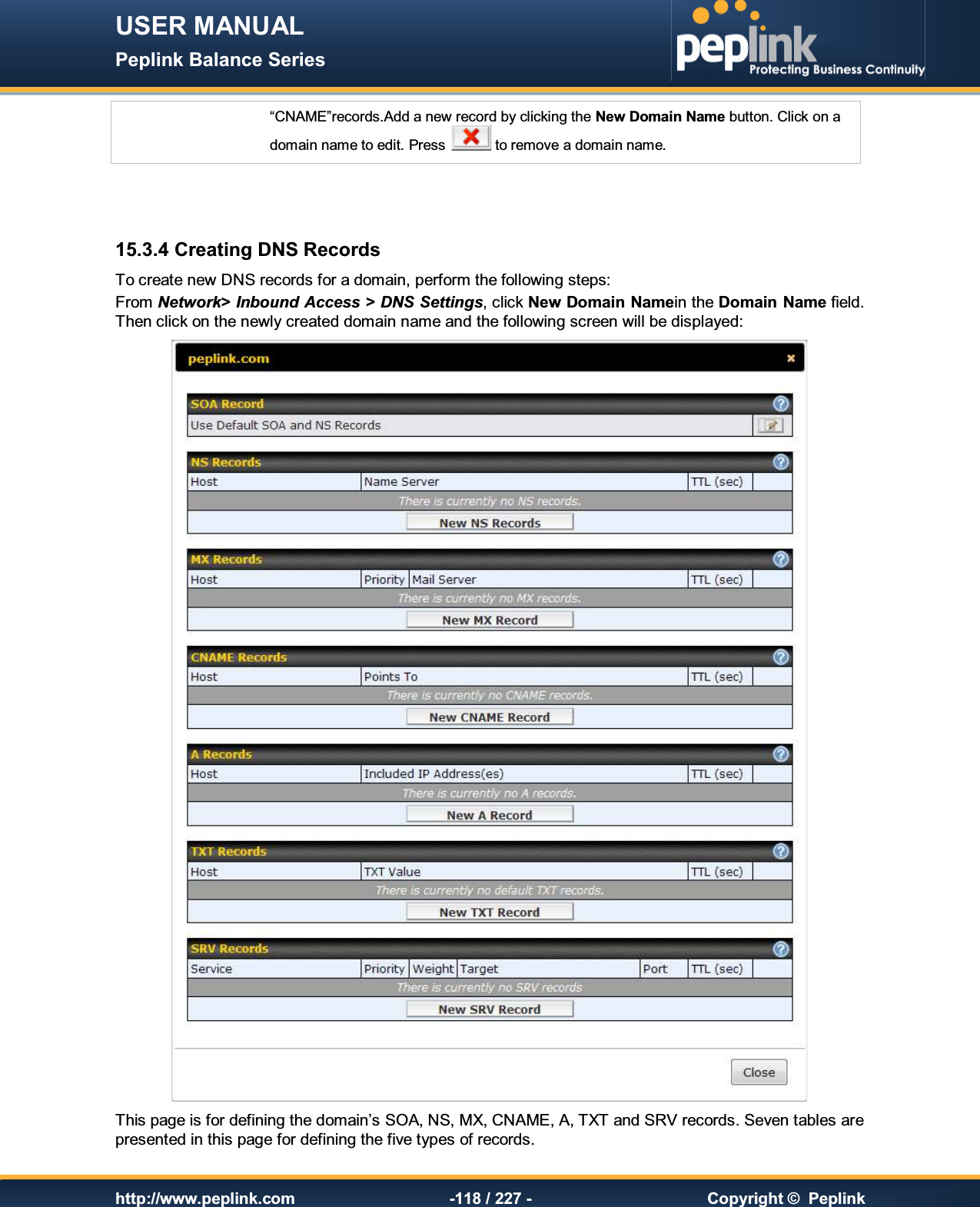 USER MANUAL Peplink Balance Series   http://www.peplink.com -118 / 227 -  Copyright ©  Peplink “CNAME”records.Add a new record by clicking the New Domain Name button. Click on a domain name to edit. Press   to remove a domain name.   15.3.4 Creating DNS Records To create new DNS records for a domain, perform the following steps: From Network&gt; Inbound Access &gt; DNS Settings, click New Domain Namein the Domain Name field.  Then click on the newly created domain name and the following screen will be displayed:  This page is for defining the domain’s SOA, NS, MX, CNAME, A, TXT and SRV records. Seven tables are presented in this page for defining the five types of records. 