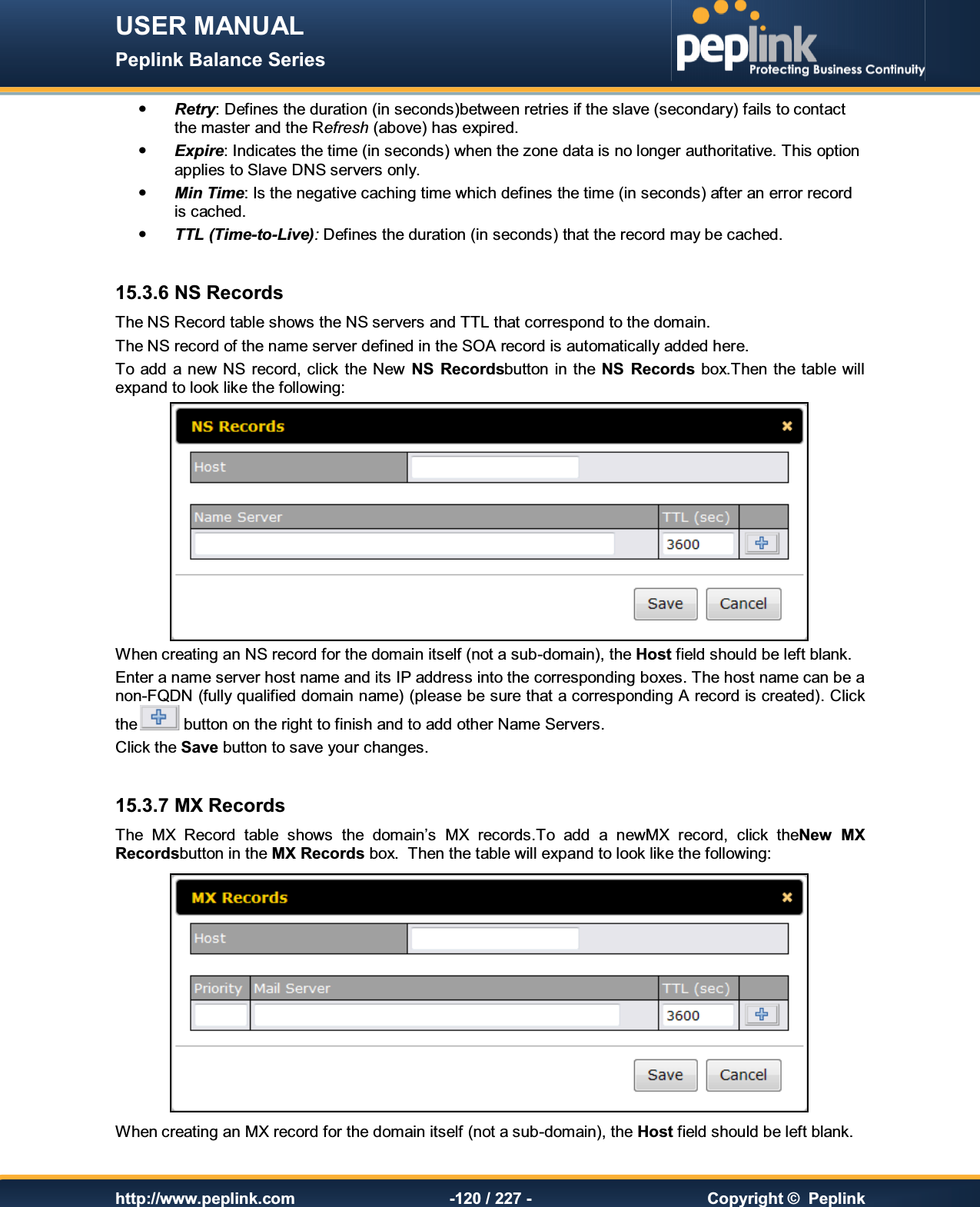 USER MANUAL Peplink Balance Series   http://www.peplink.com -120 / 227 -  Copyright ©  Peplink  Retry: Defines the duration (in seconds)between retries if the slave (secondary) fails to contact the master and the Refresh (above) has expired.    Expire: Indicates the time (in seconds) when the zone data is no longer authoritative. This option applies to Slave DNS servers only.  Min Time: Is the negative caching time which defines the time (in seconds) after an error record is cached.  TTL (Time-to-Live): Defines the duration (in seconds) that the record may be cached.  15.3.6 NS Records The NS Record table shows the NS servers and TTL that correspond to the domain. The NS record of the name server defined in the SOA record is automatically added here. To  add  a new NS record, click  the  New  NS  Recordsbutton in the  NS  Records box.Then the  table will expand to look like the following:  When creating an NS record for the domain itself (not a sub-domain), the Host field should be left blank. Enter a name server host name and its IP address into the corresponding boxes. The host name can be a non-FQDN (fully qualified domain name) (please be sure that a corresponding A record is created). Click the  button on the right to finish and to add other Name Servers. Click the Save button to save your changes.  15.3.7 MX Records The  MX  Record  table  shows  the  domain’s  MX  records.To  add  a  newMX  record,  click  theNew  MX Recordsbutton in the MX Records box.  Then the table will expand to look like the following:  When creating an MX record for the domain itself (not a sub-domain), the Host field should be left blank. 