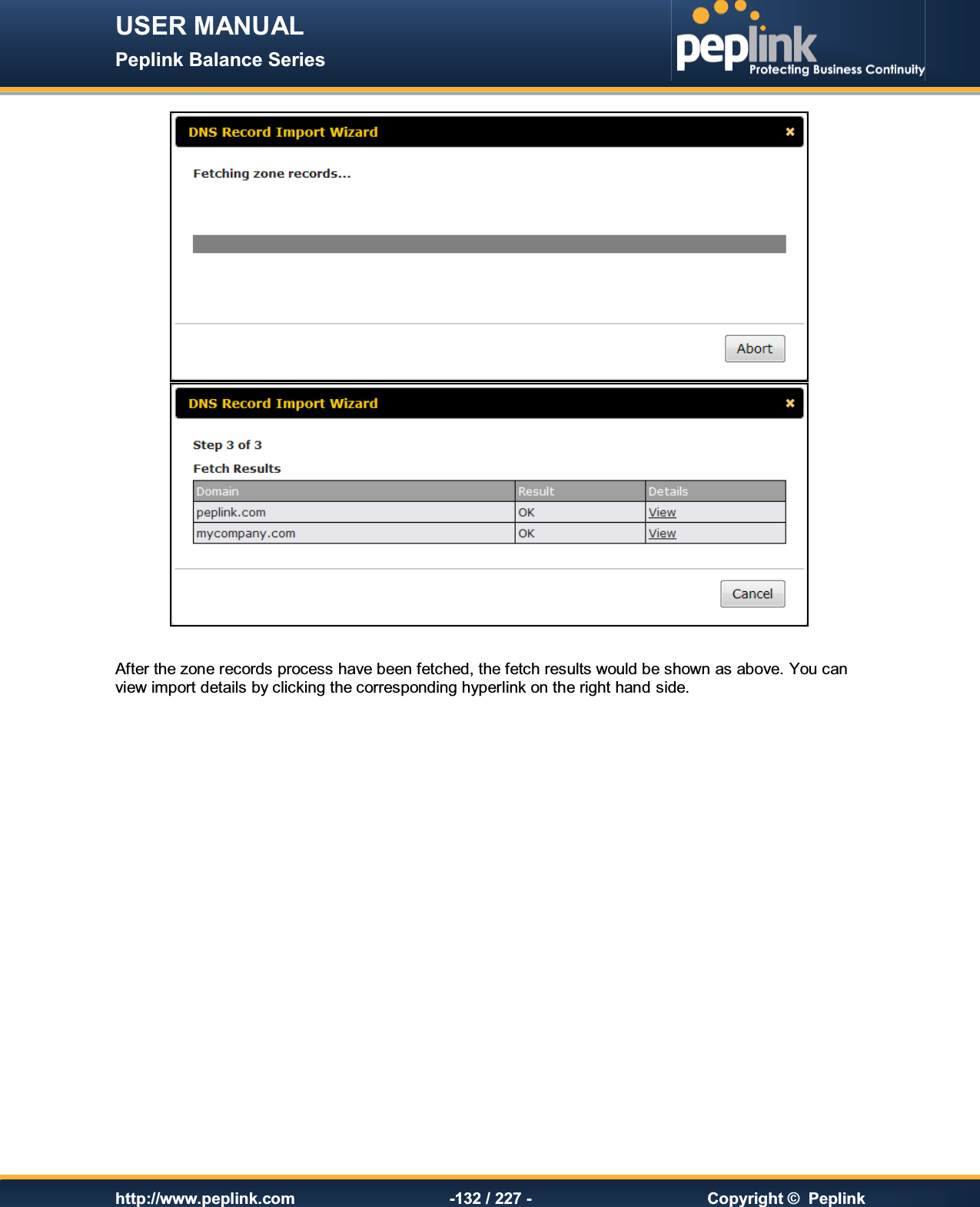 USER MANUAL Peplink Balance Series   http://www.peplink.com -132 / 227 -  Copyright ©  Peplink    After the zone records process have been fetched, the fetch results would be shown as above. You can view import details by clicking the corresponding hyperlink on the right hand side.  
