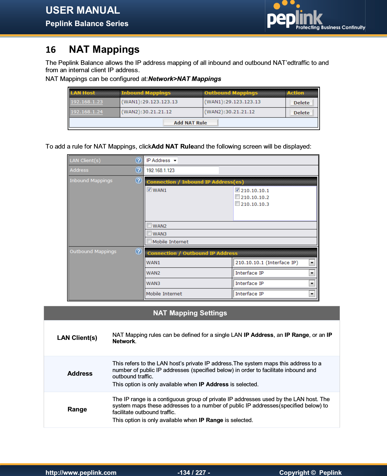 USER MANUAL Peplink Balance Series   http://www.peplink.com -134 / 227 -  Copyright ©  Peplink 16  NAT Mappings The Peplink Balance allows the IP address mapping of all inbound and outbound NAT’edtraffic to and from an internal client IP address. NAT Mappings can be configured at:Network&gt;NAT Mappings   To add a rule for NAT Mappings, clickAdd NAT Ruleand the following screen will be displayed:  NAT Mapping Settings LAN Client(s) NAT Mapping rules can be defined for a single LAN IP Address, an IP Range, or an IP Network. Address This refers to the LAN host’s private IP address.The system maps this address to a number of public IP addresses (specified below) in order to facilitate inbound and outbound traffic. This option is only available when IP Address is selected. Range The IP range is a contiguous group of private IP addresses used by the LAN host. The system maps these addresses to a number of public IP addresses(specified below) to facilitate outbound traffic. This option is only available when IP Range is selected. 