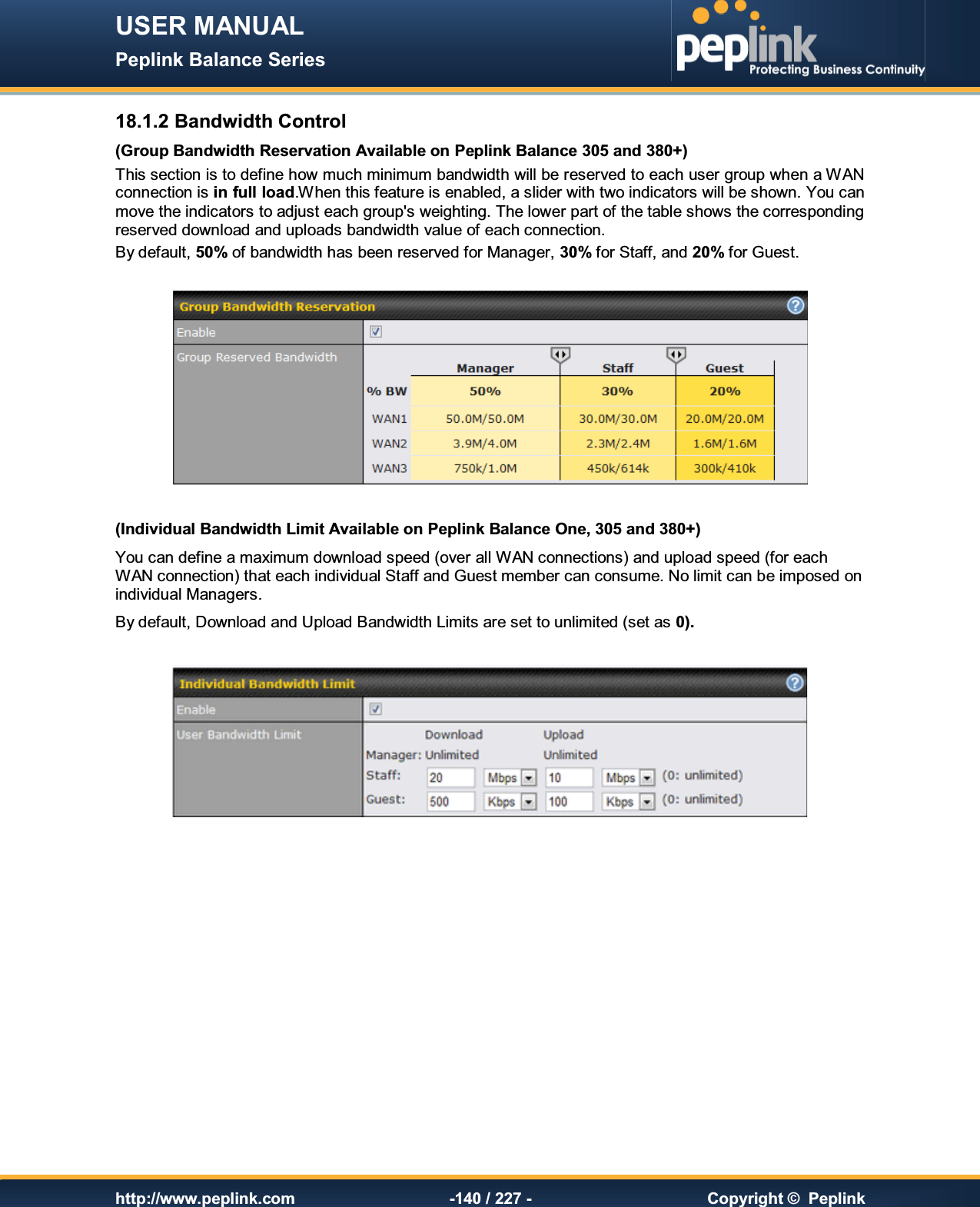 USER MANUAL Peplink Balance Series   http://www.peplink.com -140 / 227 -  Copyright ©  Peplink 18.1.2 Bandwidth Control (Group Bandwidth Reservation Available on Peplink Balance 305 and 380+) This section is to define how much minimum bandwidth will be reserved to each user group when a WAN connection is in full load.When this feature is enabled, a slider with two indicators will be shown. You can move the indicators to adjust each group&apos;s weighting. The lower part of the table shows the corresponding reserved download and uploads bandwidth value of each connection. By default, 50% of bandwidth has been reserved for Manager, 30% for Staff, and 20% for Guest.    (Individual Bandwidth Limit Available on Peplink Balance One, 305 and 380+) You can define a maximum download speed (over all WAN connections) and upload speed (for each WAN connection) that each individual Staff and Guest member can consume. No limit can be imposed on individual Managers. By default, Download and Upload Bandwidth Limits are set to unlimited (set as 0).   