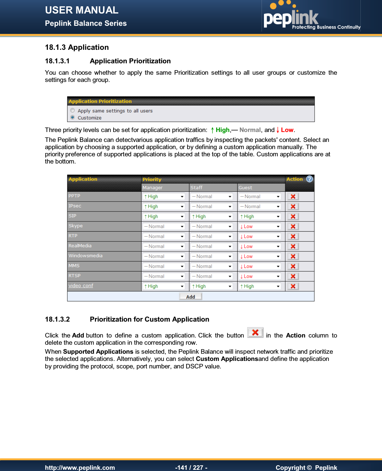 USER MANUAL Peplink Balance Series   http://www.peplink.com -141 / 227 -  Copyright ©  Peplink 18.1.3 Application 18.1.3.1  Application Prioritization You  can  choose  whether  to  apply  the  same  Prioritization  settings  to  all  user  groups  or  customize  the settings for each group.   Three priority levels can be set for application prioritization: ɥHigh,ʈ Normal, andɧLow. The Peplink Balance can detectvarious application traffics by inspecting the packets&apos; content. Select an application by choosing a supported application, or by defining a custom application manually. The priority preference of supported applications is placed at the top of the table. Custom applications are at the bottom.    18.1.3.2  Prioritization for Custom Application Click  the Add button  to  define  a  custom  application. Click  the  button   in  the  Action  column  to delete the custom application in the corresponding row. When Supported Applications is selected, the Peplink Balance will inspect network traffic and prioritize the selected applications. Alternatively, you can select Custom Applicationsand define the application by providing the protocol, scope, port number, and DSCP value. 