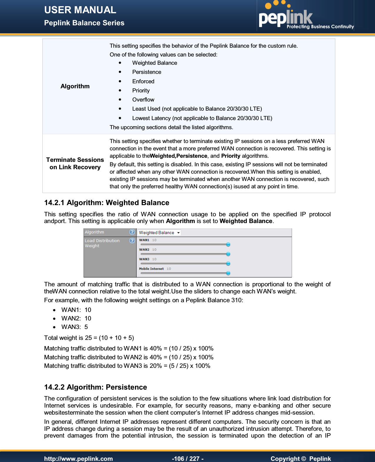 USER MANUAL Peplink Balance Series   http://www.peplink.com -106 / 227 -  Copyright ©  Peplink Algorithm This setting specifies the behavior of the Peplink Balance for the custom rule. One of the following values can be selected:    Weighted Balance   Persistence   Enforced   Priority   Overflow   Least Used (not applicable to Balance 20/30/30 LTE)   Lowest Latency (not applicable to Balance 20/30/30 LTE) The upcoming sections detail the listed algorithms. Terminate Sessions on Link Recovery This setting specifies whether to terminate existing IP sessions on a less preferred WAN connection in the event that a more preferred WAN connection is recovered. This setting is applicable to theWeighted,Persistence, and Priority algorithms. By default, this setting is disabled. In this case, existing IP sessions will not be terminated or affected when any other WAN connection is recovered.When this setting is enabled, existing IP sessions may be terminated when another WAN connection is recovered, such that only the preferred healthy WAN connection(s) isused at any point in time. 14.2.1 Algorithm: Weighted Balance This  setting  specifies  the  ratio  of  WAN  connection  usage  to  be  applied  on  the  specified  IP  protocol andport. This setting is applicable only when Algorithm is set to Weighted Balance.  The  amount  of  matching  traffic that  is  distributed  to  a WAN connection  is  proportional  to the weight  of theWAN connection relative to the total weight.Use the sliders to change each WAN’s weight. For example, with the following weight settings on a Peplink Balance 310: ·  WAN1:  10 ·  WAN2:  10 ·  WAN3:  5 Total weight is 25 = (10 + 10 + 5) Matching traffic distributed to WAN1 is 40% = (10 / 25) x 100% Matching traffic distributed to WAN2 is 40% = (10 / 25) x 100% Matching traffic distributed to WAN3 is 20% = (5 / 25) x 100%  14.2.2 Algorithm: Persistence The configuration of persistent services is the solution to the few situations where link load distribution for Internet  services  is  undesirable.  For  example,  for  security  reasons,  many  e-banking  and  other  secure websitesterminate the session when the client computer’s Internet IP address changes mid-session.   In general, different Internet IP addresses represent different computers. The security concern is that an IP address change during a session may be the result of an unauthorized intrusion attempt. Therefore, to prevent  damages  from  the  potential  intrusion,  the  session  is  terminated  upon  the  detection  of  an  IP 