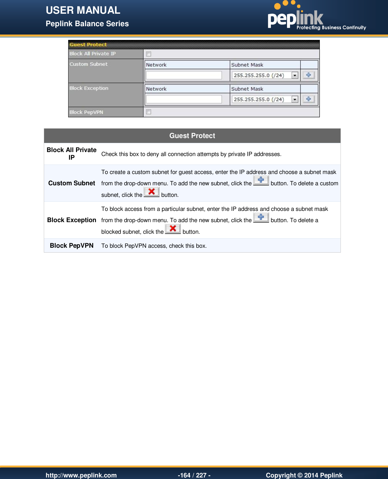 USER MANUAL Peplink Balance Series   http://www.peplink.com -164 / 227 -  Copyright © 2014 Peplink   Guest Protect Block All Private IP Check this box to deny all connection attempts by private IP addresses. Custom Subnet To create a custom subnet for guest access, enter the IP address and choose a subnet mask from the drop-down menu. To add the new subnet, click the   button. To delete a custom subnet, click the   button. Block Exception To block access from a particular subnet, enter the IP address and choose a subnet mask from the drop-down menu. To add the new subnet, click the   button. To delete a blocked subnet, click the   button. Block PepVPN To block PepVPN access, check this box.     