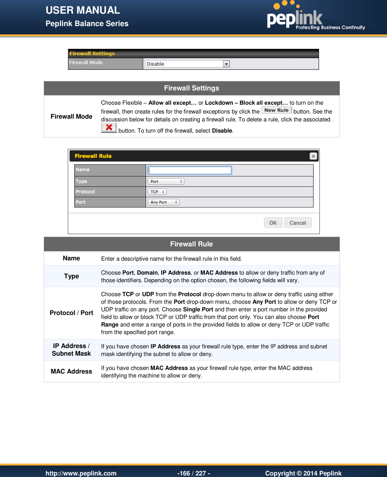 USER MANUAL Peplink Balance Series   http://www.peplink.com -166 / 227 -  Copyright © 2014 Peplink    Firewall Settings Firewall Mode Choose Flexible – Allow all except… or Lockdown – Block all except… to turn on the firewall, then create rules for the firewall exceptions by click the   button. See the discussion below for details on creating a firewall rule. To delete a rule, click the associated   button. To turn off the firewall, select Disable.   Firewall Rule Name Enter a descriptive name for the firewall rule in this field. Type Choose Port, Domain, IP Address, or MAC Address to allow or deny traffic from any of those identifiers. Depending on the option chosen, the following fields will vary. Protocol / Port Choose TCP or UDP from the Protocol drop-down menu to allow or deny traffic using either of those protocols. From the Port drop-down menu, choose Any Port to allow or deny TCP or UDP traffic on any port. Choose Single Port and then enter a port number in the provided field to allow or block TCP or UDP traffic from that port only. You can also choose Port Range and enter a range of ports in the provided fields to allow or deny TCP or UDP traffic from the specified port range. IP Address / Subnet Mask If you have chosen IP Address as your firewall rule type, enter the IP address and subnet mask identifying the subnet to allow or deny. MAC Address If you have chosen MAC Address as your firewall rule type, enter the MAC address identifying the machine to allow or deny.     
