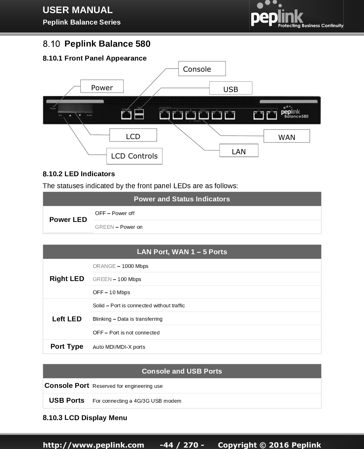   http://www.peplink.com -44 / 270 -  Copyright © 2016 Peplink LCD Console LCD Controls  LAN Power WAN USB 