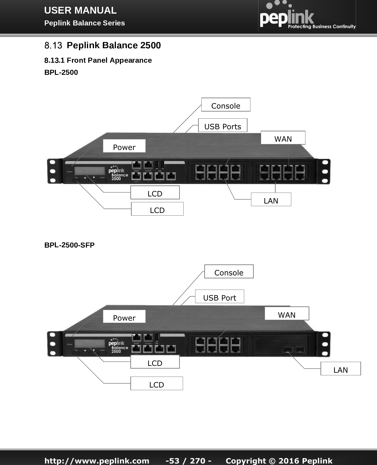   http://www.peplink.com -53 / 270 -  Copyright © 2016 Peplink Console LCD Power LCD WAN LAN USB Ports Console LCD Power LCD WAN LAN USB Port 