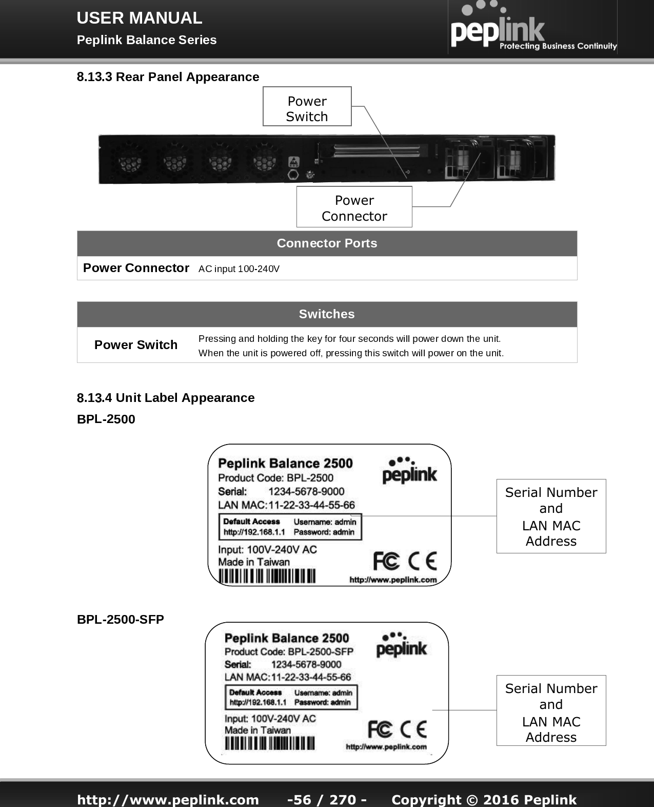   http://www.peplink.com -56 / 270 -  Copyright © 2016 Peplink       Power Connector Power Switch Serial Number and  LAN MAC Address Serial Number and LAN MAC Address 