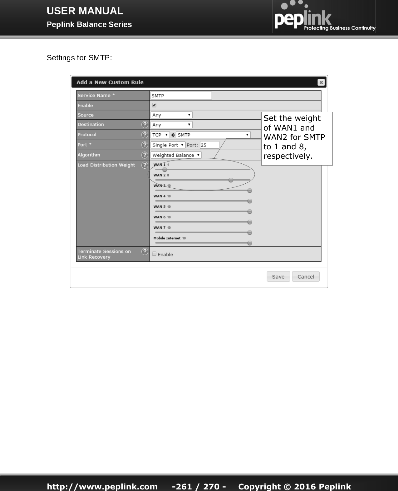   http://www.peplink.com -261 / 270 -  Copyright © 2016 Peplink Set the weight of WAN1 and WAN2 for SMTP to 1 and 8, respectively. 