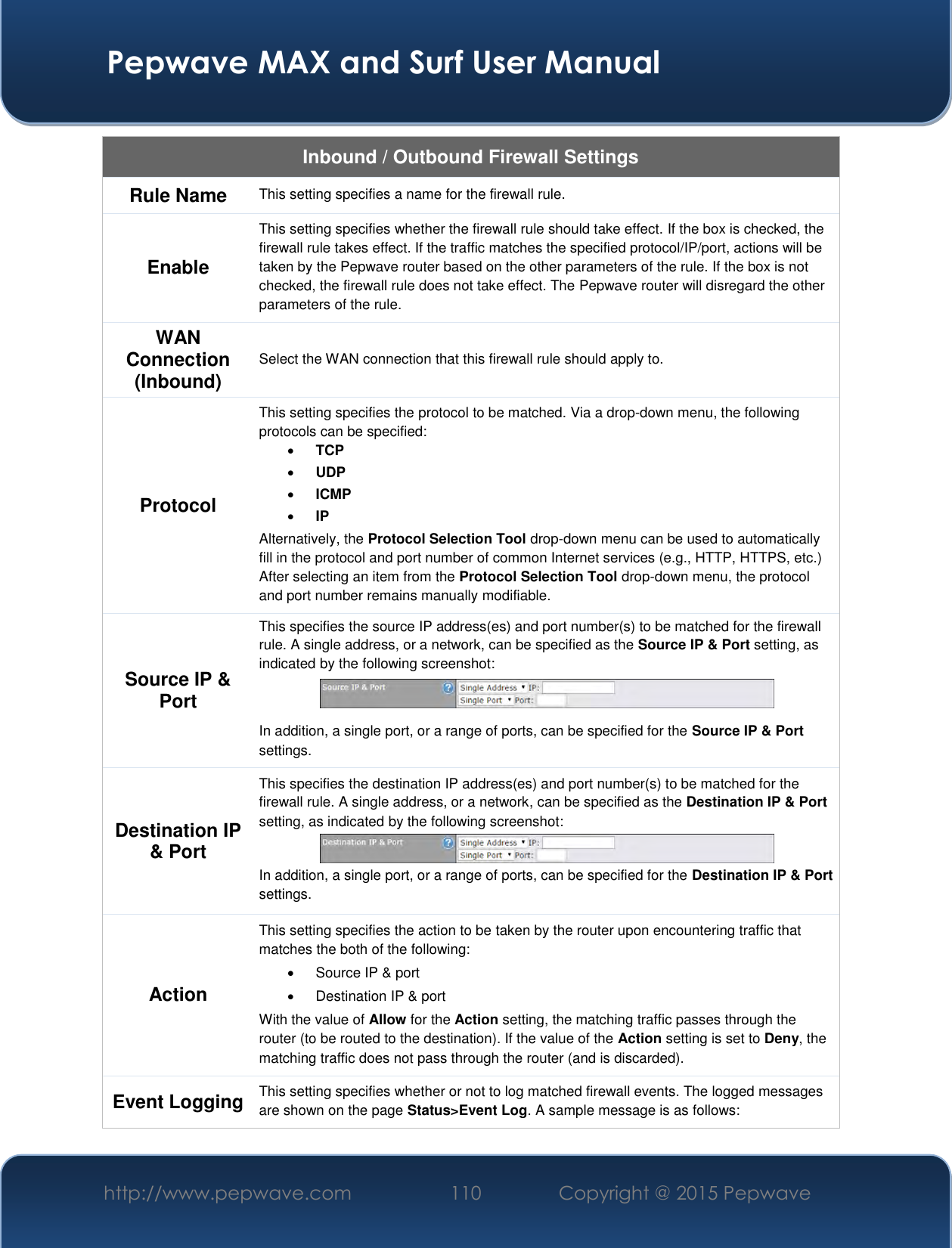  Pepwave MAX and Surf User Manual http://www.pepwave.com 110   Copyright @ 2015 Pepwave   Inbound / Outbound Firewall Settings Rule Name This setting specifies a name for the firewall rule. Enable This setting specifies whether the firewall rule should take effect. If the box is checked, the firewall rule takes effect. If the traffic matches the specified protocol/IP/port, actions will be taken by the Pepwave router based on the other parameters of the rule. If the box is not checked, the firewall rule does not take effect. The Pepwave router will disregard the other parameters of the rule. WAN Connection (Inbound) Select the WAN connection that this firewall rule should apply to. Protocol This setting specifies the protocol to be matched. Via a drop-down menu, the following protocols can be specified:  TCP  UDP  ICMP  IP  Alternatively, the Protocol Selection Tool drop-down menu can be used to automatically fill in the protocol and port number of common Internet services (e.g., HTTP, HTTPS, etc.)   After selecting an item from the Protocol Selection Tool drop-down menu, the protocol and port number remains manually modifiable. Source IP &amp; Port This specifies the source IP address(es) and port number(s) to be matched for the firewall rule. A single address, or a network, can be specified as the Source IP &amp; Port setting, as indicated by the following screenshot:  In addition, a single port, or a range of ports, can be specified for the Source IP &amp; Port settings. Destination IP &amp; Port This specifies the destination IP address(es) and port number(s) to be matched for the firewall rule. A single address, or a network, can be specified as the Destination IP &amp; Port setting, as indicated by the following screenshot:  In addition, a single port, or a range of ports, can be specified for the Destination IP &amp; Port settings. Action This setting specifies the action to be taken by the router upon encountering traffic that matches the both of the following:   Source IP &amp; port   Destination IP &amp; port With the value of Allow for the Action setting, the matching traffic passes through the router (to be routed to the destination). If the value of the Action setting is set to Deny, the matching traffic does not pass through the router (and is discarded). Event Logging This setting specifies whether or not to log matched firewall events. The logged messages are shown on the page Status&gt;Event Log. A sample message is as follows: 