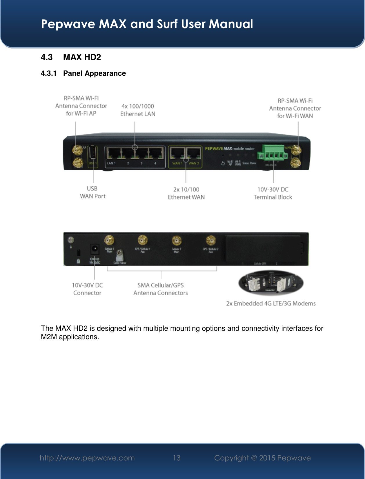  Pepwave MAX and Surf User Manual http://www.pepwave.com 13   Copyright @ 2015 Pepwave   4.3  MAX HD2 4.3.1  Panel Appearance  The MAX HD2 is designed with multiple mounting options and connectivity interfaces for M2M applications.         