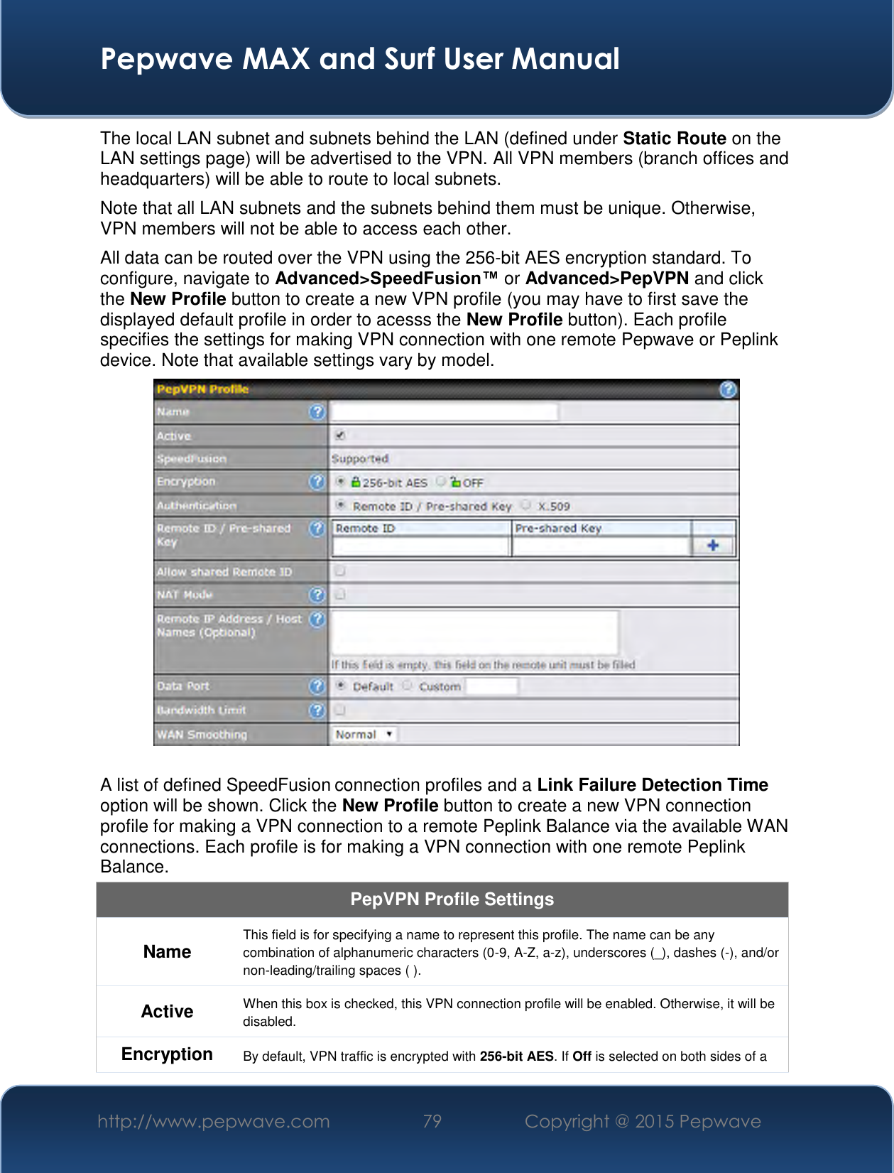 Pepwave MAX and Surf User Manual http://www.pepwave.com 79   Copyright @ 2015 Pepwave   The local LAN subnet and subnets behind the LAN (defined under Static Route on the LAN settings page) will be advertised to the VPN. All VPN members (branch offices and headquarters) will be able to route to local subnets. Note that all LAN subnets and the subnets behind them must be unique. Otherwise, VPN members will not be able to access each other. All data can be routed over the VPN using the 256-bit AES encryption standard. To configure, navigate to Advanced&gt;SpeedFusion™ or Advanced&gt;PepVPN and click the New Profile button to create a new VPN profile (you may have to first save the displayed default profile in order to acesss the New Profile button). Each profile specifies the settings for making VPN connection with one remote Pepwave or Peplink device. Note that available settings vary by model.   A list of defined SpeedFusion connection profiles and a Link Failure Detection Time option will be shown. Click the New Profile button to create a new VPN connection profile for making a VPN connection to a remote Peplink Balance via the available WAN connections. Each profile is for making a VPN connection with one remote Peplink Balance. PepVPN Profile Settings Name This field is for specifying a name to represent this profile. The name can be any combination of alphanumeric characters (0-9, A-Z, a-z), underscores (_), dashes (-), and/or non-leading/trailing spaces ( ). Active When this box is checked, this VPN connection profile will be enabled. Otherwise, it will be disabled. Encryption By default, VPN traffic is encrypted with 256-bit AES. If Off is selected on both sides of a 