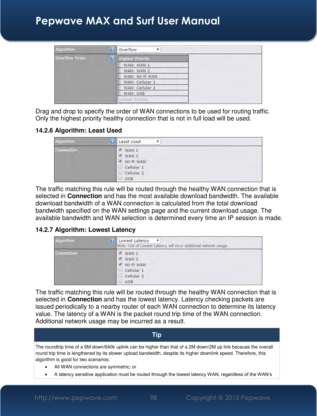  Pepwave MAX and Surf User Manual http://www.pepwave.com 98   Copyright @ 2015 Pepwave    Drag and drop to specify the order of WAN connections to be used for routing traffic. Only the highest priority healthy connection that is not in full load will be used. 14.2.6 Algorithm: Least Used  The traffic matching this rule will be routed through the healthy WAN connection that is selected in Connection and has the most available download bandwidth. The available download bandwidth of a WAN connection is calculated from the total download bandwidth specified on the WAN settings page and the current download usage. The available bandwidth and WAN selection is determined every time an IP session is made. 14.2.7 Algorithm: Lowest Latency  The traffic matching this rule will be routed through the healthy WAN connection that is selected in Connection and has the lowest latency. Latency checking packets are issued periodically to a nearby router of each WAN connection to determine its latency value. The latency of a WAN is the packet round trip time of the WAN connection. Additional network usage may be incurred as a result. Tip The roundtrip time of a 6M down/640k uplink can be higher than that of a 2M down/2M up link because the overall round trip time is lengthened by its slower upload bandwidth, despite its higher downlink speed. Therefore, this algorithm is good for two scenarios:   All WAN connections are symmetric; or  A latency sensitive application must be routed through the lowest latency WAN, regardless of the WAN’s 