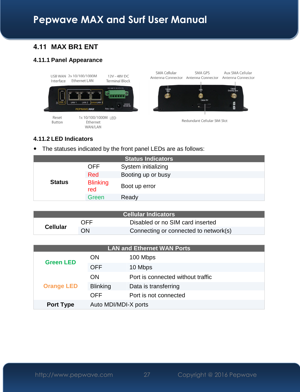  Pepwave MAX and Surf User Manual http://www.pepwave.com  27    Copyright @ 2016 Pepwave   4.11  MAX BR1 ENT 4.11.1 Panel Appearance  4.11.2 LED Indicators  The statuses indicated by the front panel LEDs are as follows: Status Indicators Status OFF   System initializing Red  Booting up or busy Blinking red  Boot up error Green  Ready   Cellular Indicators Cellular  OFF  Disabled or no SIM card inserted ON  Connecting or connected to network(s)  LAN and Ethernet WAN Ports  Green LED  ON  100 Mbps OFF  10 Mbps Orange LED ON  Port is connected without traffic Blinking  Data is transferring OFF  Port is not connected Port Type   Auto MDI/MDI-X ports 