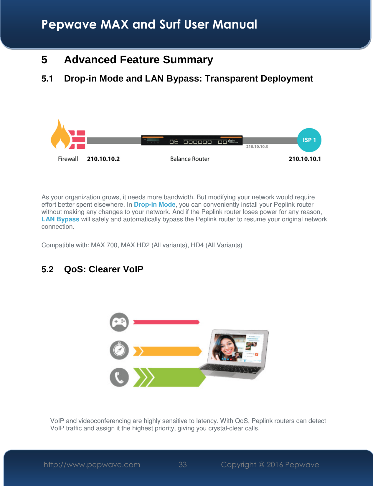  Pepwave MAX and Surf User Manual http://www.pepwave.com  33    Copyright @ 2016 Pepwave   5 Advanced Feature Summary 5.1  Drop-in Mode and LAN Bypass: Transparent Deployment  As your organization grows, it needs more bandwidth. But modifying your network would require effort better spent elsewhere. In Drop-in Mode, you can conveniently install your Peplink router without making any changes to your network. And if the Peplink router loses power for any reason, LAN Bypass will safely and automatically bypass the Peplink router to resume your original network connection.  Compatible with: MAX 700, MAX HD2 (All variants), HD4 (All Variants)  5.2  QoS: Clearer VoIP  VoIP and videoconferencing are highly sensitive to latency. With QoS, Peplink routers can detect VoIP traffic and assign it the highest priority, giving you crystal-clear calls.    