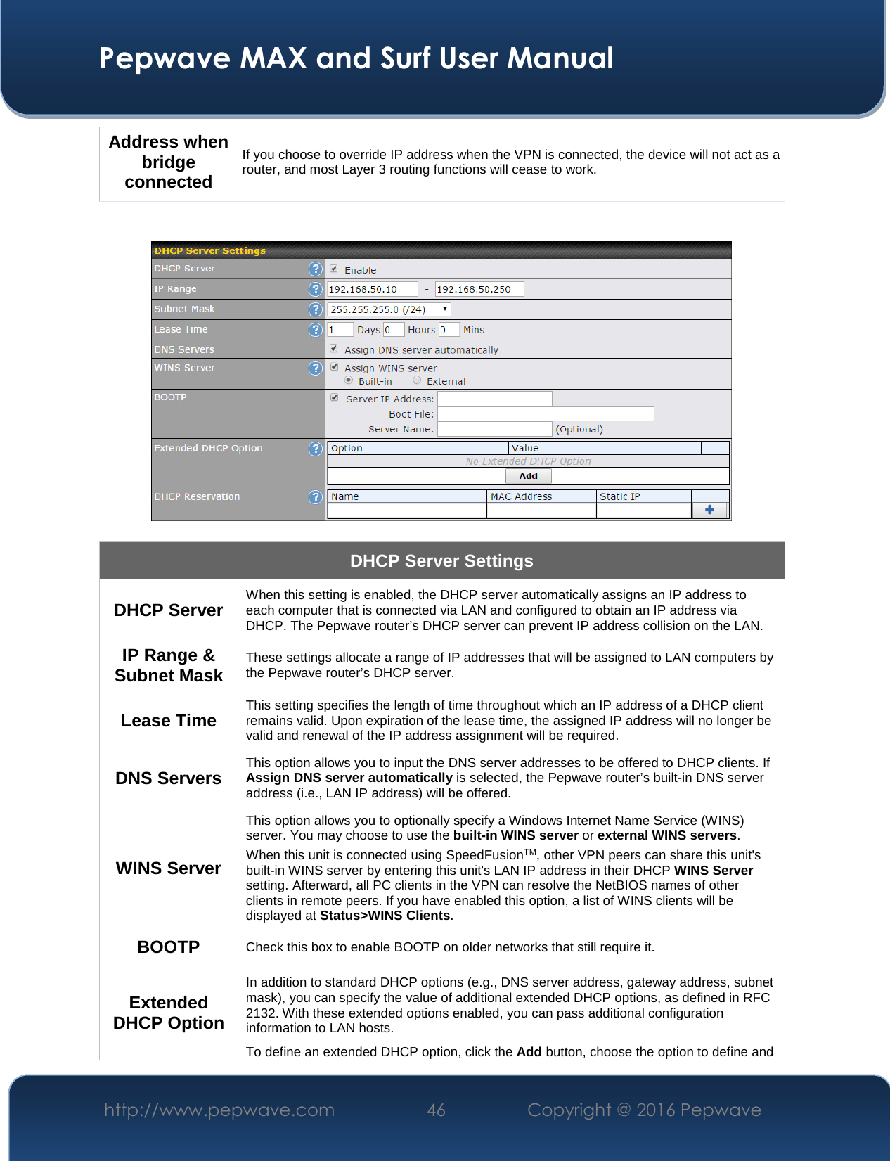  Pepwave MAX and Surf User Manual http://www.pepwave.com  46    Copyright @ 2016 Pepwave   Address when bridge connected  If you choose to override IP address when the VPN is connected, the device will not act as a router, and most Layer 3 routing functions will cease to work.     DHCP Server Settings DHCP Server When this setting is enabled, the DHCP server automatically assigns an IP address to each computer that is connected via LAN and configured to obtain an IP address via DHCP. The Pepwave router’s DHCP server can prevent IP address collision on the LAN. IP Range &amp; Subnet Mask These settings allocate a range of IP addresses that will be assigned to LAN computers by the Pepwave router’s DHCP server. Lease Time This setting specifies the length of time throughout which an IP address of a DHCP client remains valid. Upon expiration of the lease time, the assigned IP address will no longer be valid and renewal of the IP address assignment will be required. DNS Servers This option allows you to input the DNS server addresses to be offered to DHCP clients. If Assign DNS server automatically is selected, the Pepwave router’s built-in DNS server address (i.e., LAN IP address) will be offered. WINS Server This option allows you to optionally specify a Windows Internet Name Service (WINS) server. You may choose to use the built-in WINS server or external WINS servers. When this unit is connected using SpeedFusionTM, other VPN peers can share this unit&apos;s built-in WINS server by entering this unit&apos;s LAN IP address in their DHCP WINS Server setting. Afterward, all PC clients in the VPN can resolve the NetBIOS names of other clients in remote peers. If you have enabled this option, a list of WINS clients will be displayed at Status&gt;WINS Clients. BOOTP Check this box to enable BOOTP on older networks that still require it. Extended DHCP Option In addition to standard DHCP options (e.g., DNS server address, gateway address, subnet mask), you can specify the value of additional extended DHCP options, as defined in RFC 2132. With these extended options enabled, you can pass additional configuration information to LAN hosts. To define an extended DHCP option, click the Add button, choose the option to define and 