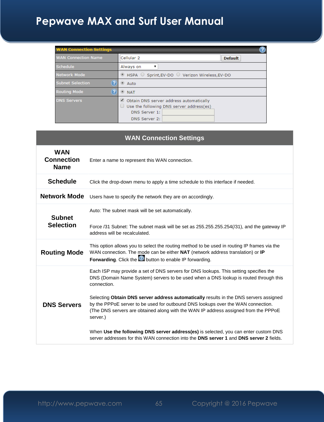  Pepwave MAX and Surf User Manual http://www.pepwave.com  65    Copyright @ 2016 Pepwave     WAN Connection Settings WAN Connection Name Enter a name to represent this WAN connection. Schedule Click the drop-down menu to apply a time schedule to this interface if needed. Network Mode Users have to specify the network they are on accordingly. Subnet Selection Auto: The subnet mask will be set automatically.  Force /31 Subnet: The subnet mask will be set as 255.255.255.254(/31), and the gateway IP address will be recalculated. Routing Mode This option allows you to select the routing method to be used in routing IP frames via the WAN connection. The mode can be either NAT (network address translation) or IP Forwarding. Click the   button to enable IP forwarding. DNS Servers Each ISP may provide a set of DNS servers for DNS lookups. This setting specifies the DNS (Domain Name System) servers to be used when a DNS lookup is routed through this connection.   Selecting Obtain DNS server address automatically results in the DNS servers assigned by the PPPoE server to be used for outbound DNS lookups over the WAN connection.  (The DNS servers are obtained along with the WAN IP address assigned from the PPPoE server.)   When Use the following DNS server address(es) is selected, you can enter custom DNS server addresses for this WAN connection into the DNS server 1 and DNS server 2 fields.      