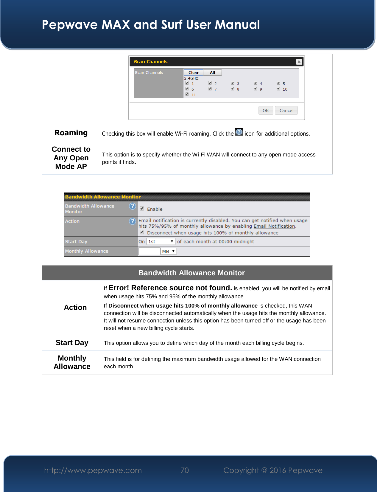  Pepwave MAX and Surf User Manual http://www.pepwave.com  70    Copyright @ 2016 Pepwave    Roaming Checking this box will enable Wi-Fi roaming. Click the   icon for additional options. Connect to Any Open Mode AP This option is to specify whether the Wi-Fi WAN will connect to any open mode access points it finds.     Bandwidth Allowance Monitor Action If Error! Reference source not found. is enabled, you will be notified by email when usage hits 75% and 95% of the monthly allowance. If Disconnect when usage hits 100% of monthly allowance is checked, this WAN connection will be disconnected automatically when the usage hits the monthly allowance. It will not resume connection unless this option has been turned off or the usage has been reset when a new billing cycle starts. Start Day This option allows you to define which day of the month each billing cycle begins.  Monthly Allowance This field is for defining the maximum bandwidth usage allowed for the WAN connection each month.  