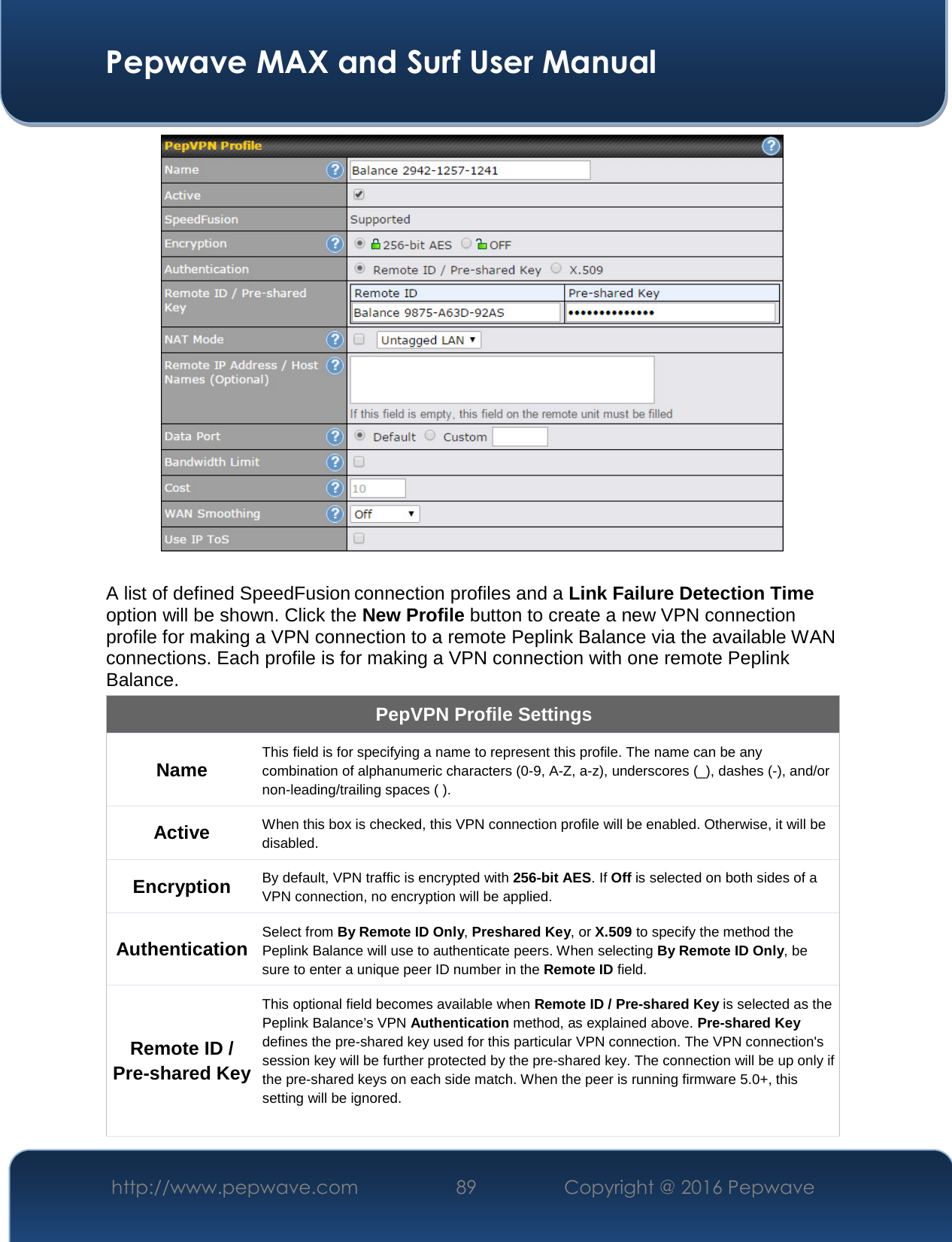  Pepwave MAX and Surf User Manual http://www.pepwave.com  89    Copyright @ 2016 Pepwave     A list of defined SpeedFusion connection profiles and a Link Failure Detection Time option will be shown. Click the New Profile button to create a new VPN connection profile for making a VPN connection to a remote Peplink Balance via the available WAN connections. Each profile is for making a VPN connection with one remote Peplink Balance. PepVPN Profile Settings Name This field is for specifying a name to represent this profile. The name can be any combination of alphanumeric characters (0-9, A-Z, a-z), underscores (_), dashes (-), and/or non-leading/trailing spaces ( ). Active When this box is checked, this VPN connection profile will be enabled. Otherwise, it will be disabled. Encryption By default, VPN traffic is encrypted with 256-bit AES. If Off is selected on both sides of a VPN connection, no encryption will be applied. Authentication Select from By Remote ID Only, Preshared Key, or X.509 to specify the method the Peplink Balance will use to authenticate peers. When selecting By Remote ID Only, be sure to enter a unique peer ID number in the Remote ID field. Remote ID / Pre-shared Key This optional field becomes available when Remote ID / Pre-shared Key is selected as the Peplink Balance’s VPN Authentication method, as explained above. Pre-shared Key defines the pre-shared key used for this particular VPN connection. The VPN connection&apos;s session key will be further protected by the pre-shared key. The connection will be up only if the pre-shared keys on each side match. When the peer is running firmware 5.0+, this setting will be ignored.   