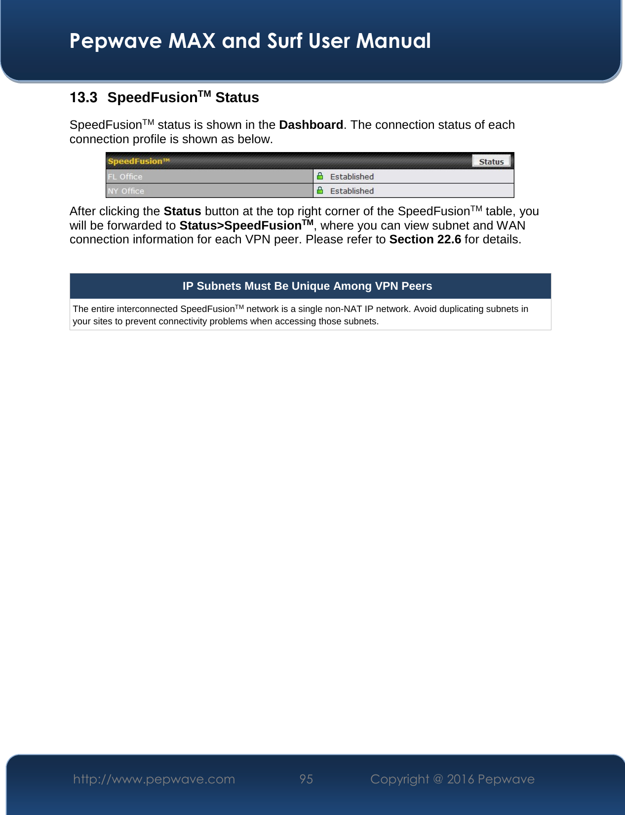  Pepwave MAX and Surf User Manual http://www.pepwave.com  95    Copyright @ 2016 Pepwave   13.3  SpeedFusionTM Status SpeedFusionTM status is shown in the Dashboard. The connection status of each connection profile is shown as below.  After clicking the Status button at the top right corner of the SpeedFusionTM table, you will be forwarded to Status&gt;SpeedFusionTM, where you can view subnet and WAN connection information for each VPN peer. Please refer to Section 22.6 for details.  IP Subnets Must Be Unique Among VPN Peers The entire interconnected SpeedFusionTM network is a single non-NAT IP network. Avoid duplicating subnets in your sites to prevent connectivity problems when accessing those subnets.    