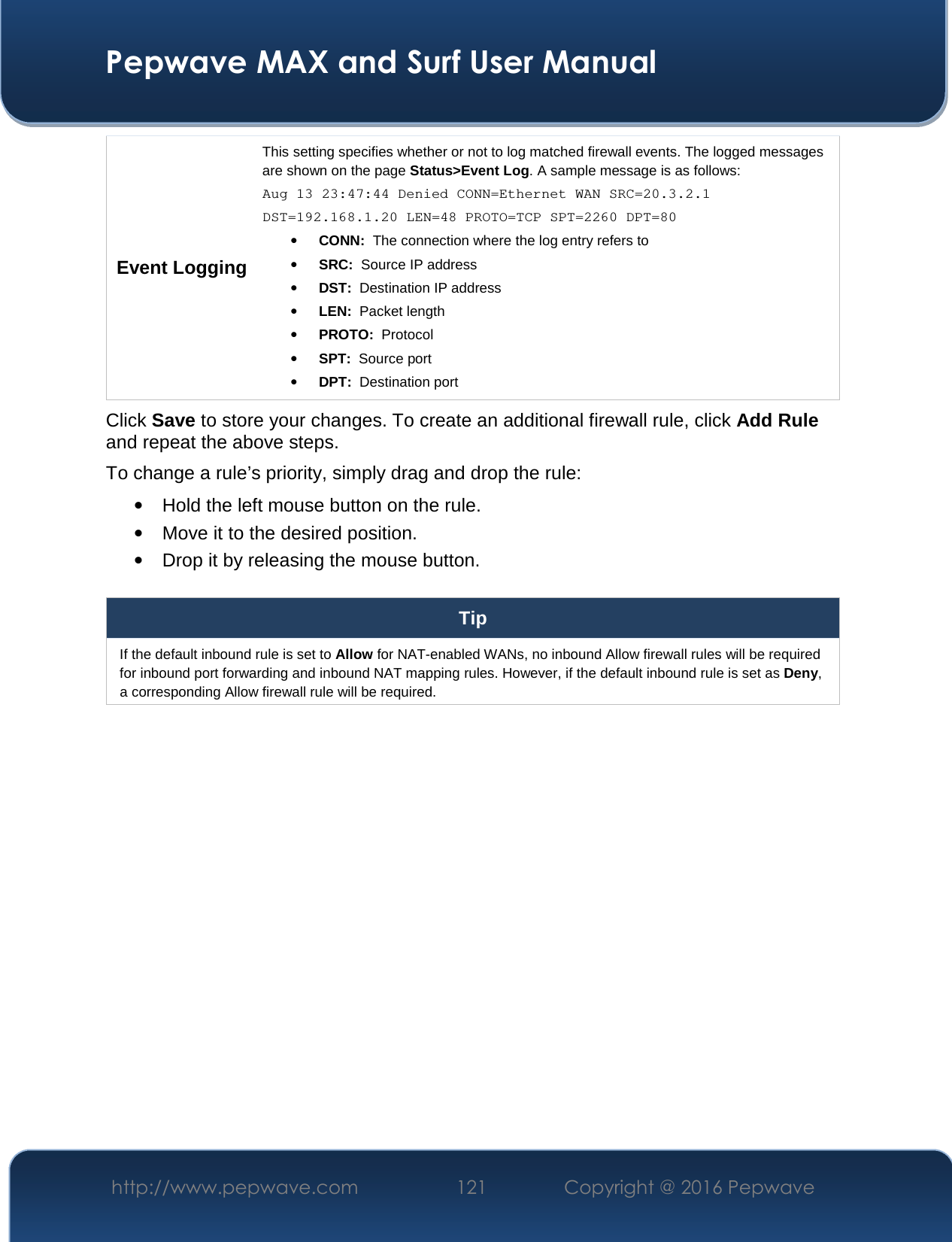  Pepwave MAX and Surf User Manual http://www.pepwave.com  121    Copyright @ 2016 Pepwave   Event Logging This setting specifies whether or not to log matched firewall events. The logged messages are shown on the page Status&gt;Event Log. A sample message is as follows: Aug 13 23:47:44 Denied CONN=Ethernet WAN SRC=20.3.2.1  DST=192.168.1.20 LEN=48 PROTO=TCP SPT=2260 DPT=80 • CONN:  The connection where the log entry refers to • SRC:  Source IP address • DST:  Destination IP address • LEN:  Packet length • PROTO:  Protocol • SPT:  Source port • DPT:  Destination port Click Save to store your changes. To create an additional firewall rule, click Add Rule and repeat the above steps. To change a rule’s priority, simply drag and drop the rule: • Hold the left mouse button on the rule. • Move it to the desired position. • Drop it by releasing the mouse button.  Tip If the default inbound rule is set to Allow for NAT-enabled WANs, no inbound Allow firewall rules will be required for inbound port forwarding and inbound NAT mapping rules. However, if the default inbound rule is set as Deny, a corresponding Allow firewall rule will be required.     