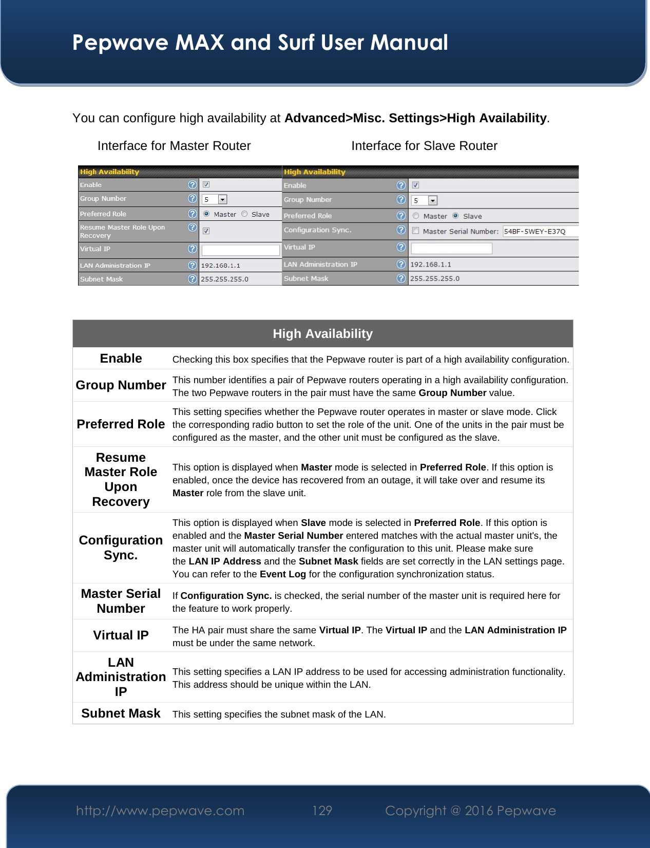  Pepwave MAX and Surf User Manual http://www.pepwave.com  129    Copyright @ 2016 Pepwave    You can configure high availability at Advanced&gt;Misc. Settings&gt;High Availability. Interface for Master Router Interface for Slave Router  High Availability Enable Checking this box specifies that the Pepwave router is part of a high availability configuration. Group Number This number identifies a pair of Pepwave routers operating in a high availability configuration. The two Pepwave routers in the pair must have the same Group Number value. Preferred Role This setting specifies whether the Pepwave router operates in master or slave mode. Click the corresponding radio button to set the role of the unit. One of the units in the pair must be configured as the master, and the other unit must be configured as the slave. Resume Master Role Upon Recovery This option is displayed when Master mode is selected in Preferred Role. If this option is enabled, once the device has recovered from an outage, it will take over and resume its Master role from the slave unit. Configuration Sync. This option is displayed when Slave mode is selected in Preferred Role. If this option is enabled and the Master Serial Number entered matches with the actual master unit&apos;s, the master unit will automatically transfer the configuration to this unit. Please make sure the LAN IP Address and the Subnet Mask fields are set correctly in the LAN settings page. You can refer to the Event Log for the configuration synchronization status. Master Serial Number If Configuration Sync. is checked, the serial number of the master unit is required here for the feature to work properly. Virtual IP The HA pair must share the same Virtual IP. The Virtual IP and the LAN Administration IP must be under the same network. LAN Administration IP This setting specifies a LAN IP address to be used for accessing administration functionality. This address should be unique within the LAN. Subnet Mask This setting specifies the subnet mask of the LAN.    