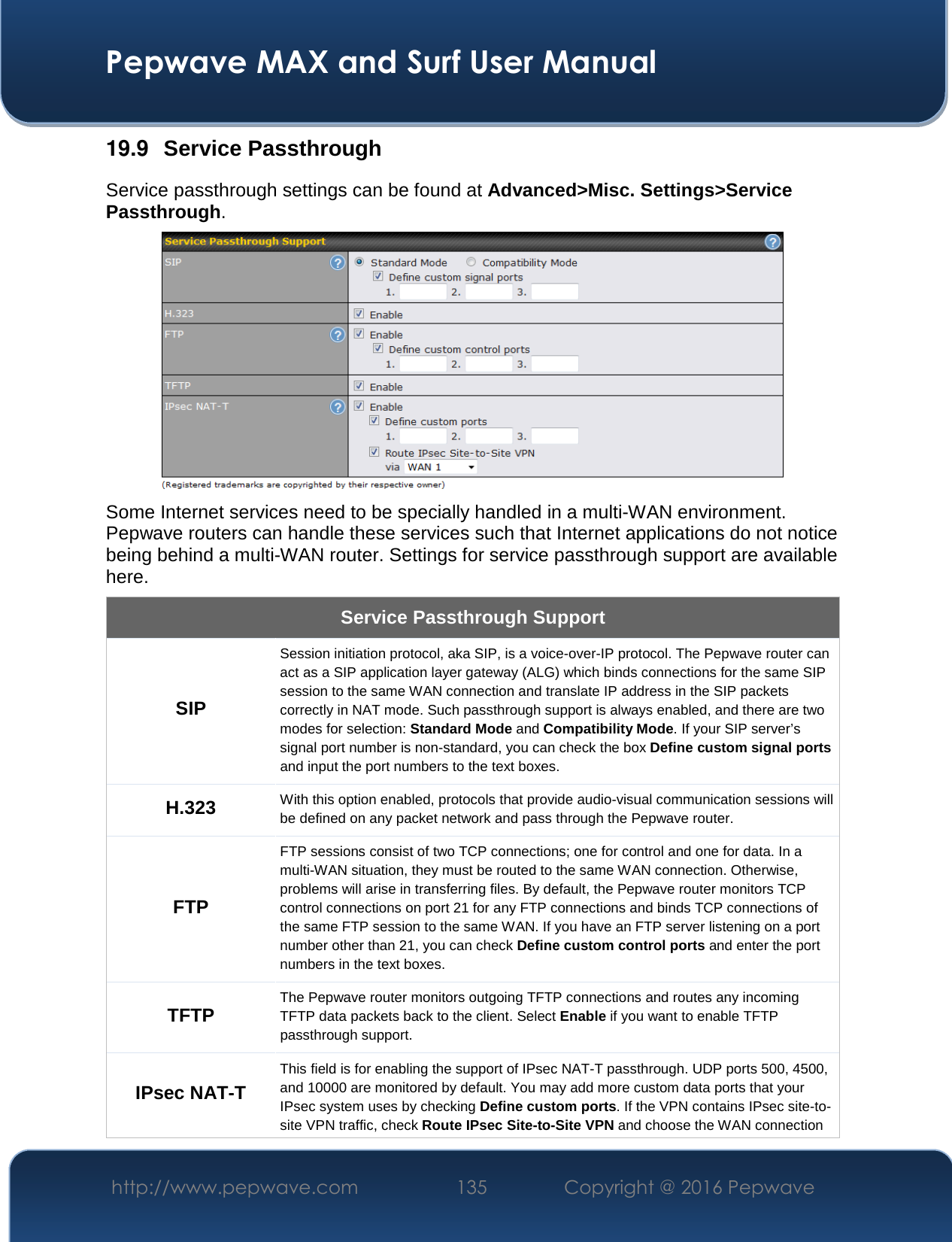  Pepwave MAX and Surf User Manual http://www.pepwave.com  135    Copyright @ 2016 Pepwave   19.9  Service Passthrough Service passthrough settings can be found at Advanced&gt;Misc. Settings&gt;Service Passthrough.  Some Internet services need to be specially handled in a multi-WAN environment. Pepwave routers can handle these services such that Internet applications do not notice being behind a multi-WAN router. Settings for service passthrough support are available here. Service Passthrough Support SIP Session initiation protocol, aka SIP, is a voice-over-IP protocol. The Pepwave router can act as a SIP application layer gateway (ALG) which binds connections for the same SIP session to the same WAN connection and translate IP address in the SIP packets correctly in NAT mode. Such passthrough support is always enabled, and there are two modes for selection: Standard Mode and Compatibility Mode. If your SIP server’s signal port number is non-standard, you can check the box Define custom signal ports and input the port numbers to the text boxes. H.323 With this option enabled, protocols that provide audio-visual communication sessions will be defined on any packet network and pass through the Pepwave router. FTP FTP sessions consist of two TCP connections; one for control and one for data. In a multi-WAN situation, they must be routed to the same WAN connection. Otherwise, problems will arise in transferring files. By default, the Pepwave router monitors TCP control connections on port 21 for any FTP connections and binds TCP connections of the same FTP session to the same WAN. If you have an FTP server listening on a port number other than 21, you can check Define custom control ports and enter the port numbers in the text boxes. TFTP The Pepwave router monitors outgoing TFTP connections and routes any incoming TFTP data packets back to the client. Select Enable if you want to enable TFTP passthrough support. IPsec NAT-T This field is for enabling the support of IPsec NAT-T passthrough. UDP ports 500, 4500, and 10000 are monitored by default. You may add more custom data ports that your IPsec system uses by checking Define custom ports. If the VPN contains IPsec site-to-site VPN traffic, check Route IPsec Site-to-Site VPN and choose the WAN connection 