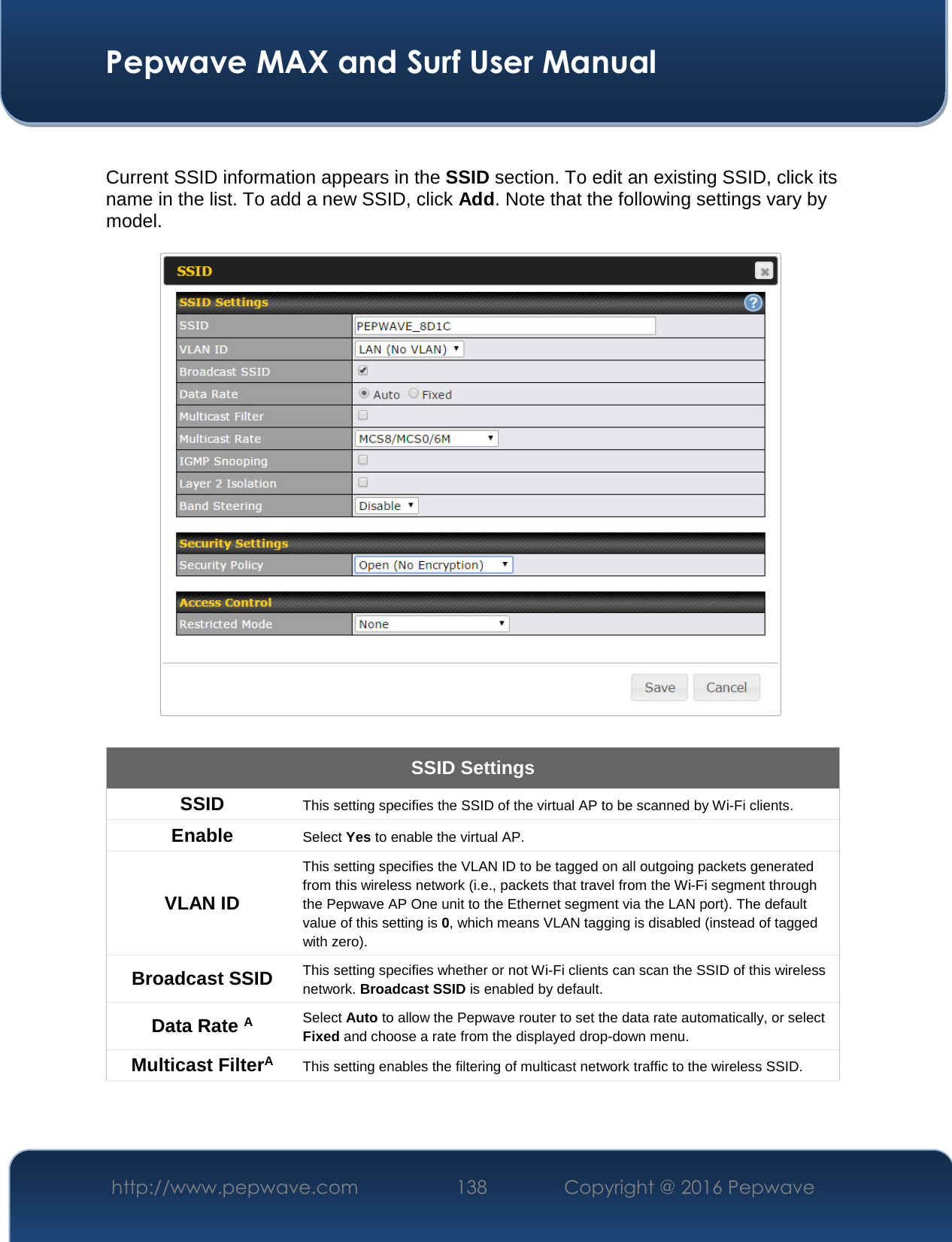  Pepwave MAX and Surf User Manual http://www.pepwave.com  138    Copyright @ 2016 Pepwave    Current SSID information appears in the SSID section. To edit an existing SSID, click its name in the list. To add a new SSID, click Add. Note that the following settings vary by model.  SSID Settings SSID This setting specifies the SSID of the virtual AP to be scanned by Wi-Fi clients. Enable Select Yes to enable the virtual AP. VLAN ID This setting specifies the VLAN ID to be tagged on all outgoing packets generated from this wireless network (i.e., packets that travel from the Wi-Fi segment through the Pepwave AP One unit to the Ethernet segment via the LAN port). The default value of this setting is 0, which means VLAN tagging is disabled (instead of tagged with zero). Broadcast SSID This setting specifies whether or not Wi-Fi clients can scan the SSID of this wireless network. Broadcast SSID is enabled by default. Data Rate A Select Auto to allow the Pepwave router to set the data rate automatically, or select Fixed and choose a rate from the displayed drop-down menu. Multicast FilterA This setting enables the filtering of multicast network traffic to the wireless SSID. 