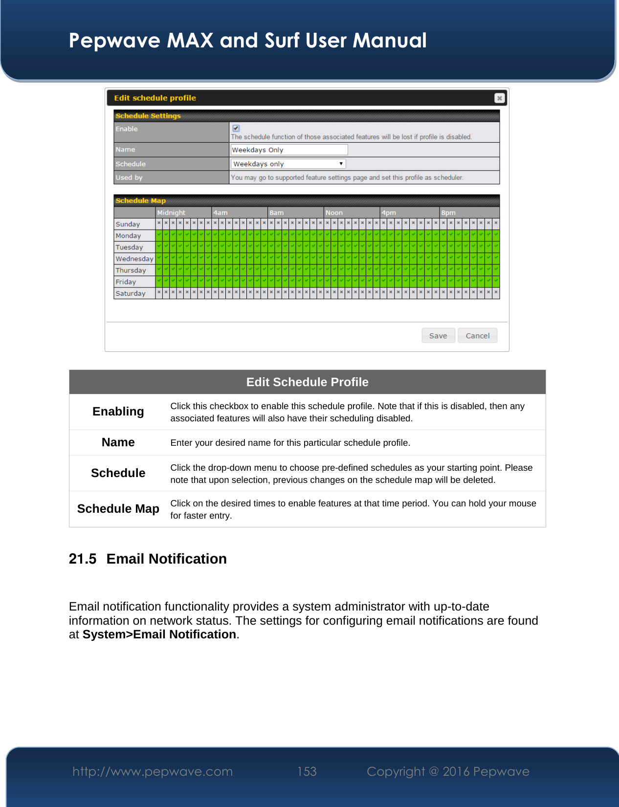  Pepwave MAX and Surf User Manual http://www.pepwave.com  153    Copyright @ 2016 Pepwave     Edit Schedule Profile Enabling Click this checkbox to enable this schedule profile. Note that if this is disabled, then any associated features will also have their scheduling disabled. Name Enter your desired name for this particular schedule profile. Schedule Click the drop-down menu to choose pre-defined schedules as your starting point. Please note that upon selection, previous changes on the schedule map will be deleted.  Schedule Map Click on the desired times to enable features at that time period. You can hold your mouse for faster entry.  21.5  Email Notification  Email notification functionality provides a system administrator with up-to-date information on network status. The settings for configuring email notifications are found at System&gt;Email Notification. 