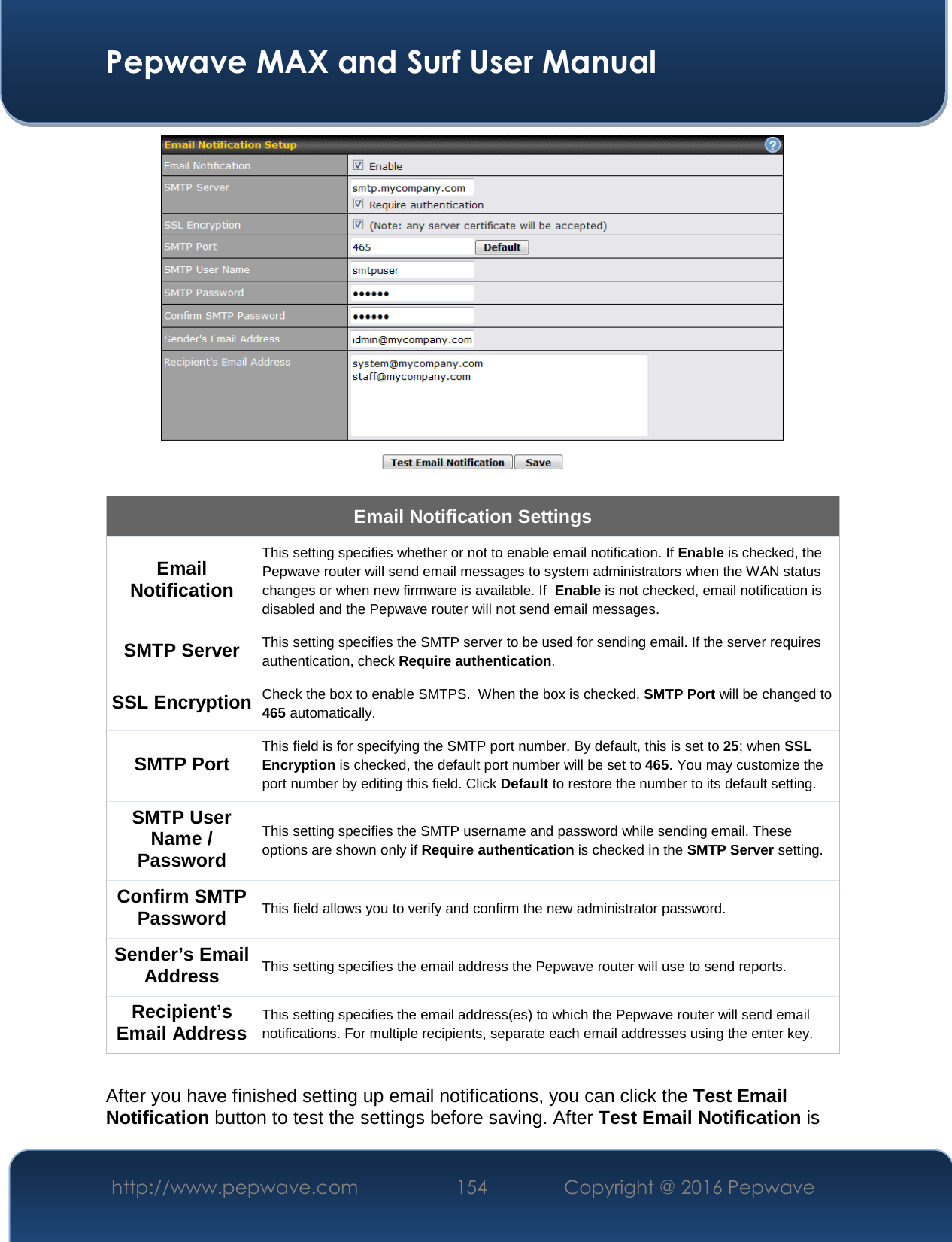  Pepwave MAX and Surf User Manual http://www.pepwave.com  154    Copyright @ 2016 Pepwave    Email Notification Settings Email Notification This setting specifies whether or not to enable email notification. If Enable is checked, the Pepwave router will send email messages to system administrators when the WAN status changes or when new firmware is available. If  Enable is not checked, email notification is disabled and the Pepwave router will not send email messages. SMTP Server This setting specifies the SMTP server to be used for sending email. If the server requires authentication, check Require authentication. SSL Encryption Check the box to enable SMTPS.  When the box is checked, SMTP Port will be changed to 465 automatically. SMTP Port This field is for specifying the SMTP port number. By default, this is set to 25; when SSL Encryption is checked, the default port number will be set to 465. You may customize the port number by editing this field. Click Default to restore the number to its default setting.  SMTP User Name / Password This setting specifies the SMTP username and password while sending email. These options are shown only if Require authentication is checked in the SMTP Server setting. Confirm SMTP Password This field allows you to verify and confirm the new administrator password. Sender’s Email Address This setting specifies the email address the Pepwave router will use to send reports. Recipient’s Email Address This setting specifies the email address(es) to which the Pepwave router will send email notifications. For multiple recipients, separate each email addresses using the enter key.  After you have finished setting up email notifications, you can click the Test Email Notification button to test the settings before saving. After Test Email Notification is 