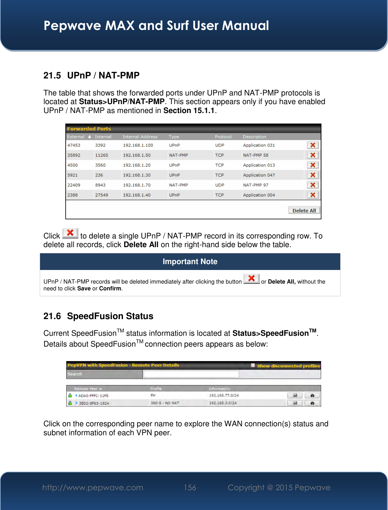  Pepwave MAX and Surf User Manual http://www.pepwave.com 156   Copyright @ 2015 Pepwave    21.5  UPnP / NAT-PMP The table that shows the forwarded ports under UPnP and NAT-PMP protocols is located at Status&gt;UPnP/NAT-PMP. This section appears only if you have enabled UPnP / NAT-PMP as mentioned in Section 15.1.1.  Click   to delete a single UPnP / NAT-PMP record in its corresponding row. To delete all records, click Delete All on the right-hand side below the table. Important Note UPnP / NAT-PMP records will be deleted immediately after clicking the button   or Delete All, without the need to click Save or Confirm.  21.6  SpeedFusion Status Current SpeedFusionTM status information is located at Status&gt;SpeedFusionTM. Details about SpeedFusionTM connection peers appears as below:    Click on the corresponding peer name to explore the WAN connection(s) status and subnet information of each VPN peer. 