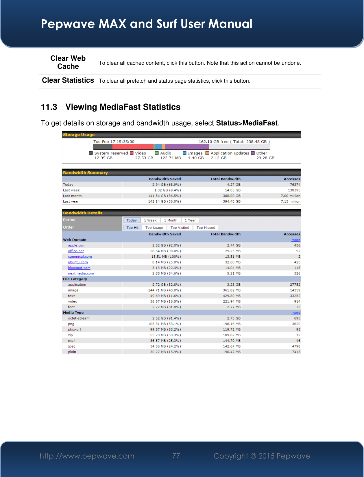  Pepwave MAX and Surf User Manual http://www.pepwave.com 77   Copyright @ 2015 Pepwave   Clear Web Cache To clear all cached content, click this button. Note that this action cannot be undone. Clear Statistics To clear all prefetch and status page statistics, click this button.  11.3   Viewing MediaFast Statistics To get details on storage and bandwidth usage, select Status&gt;MediaFast.         