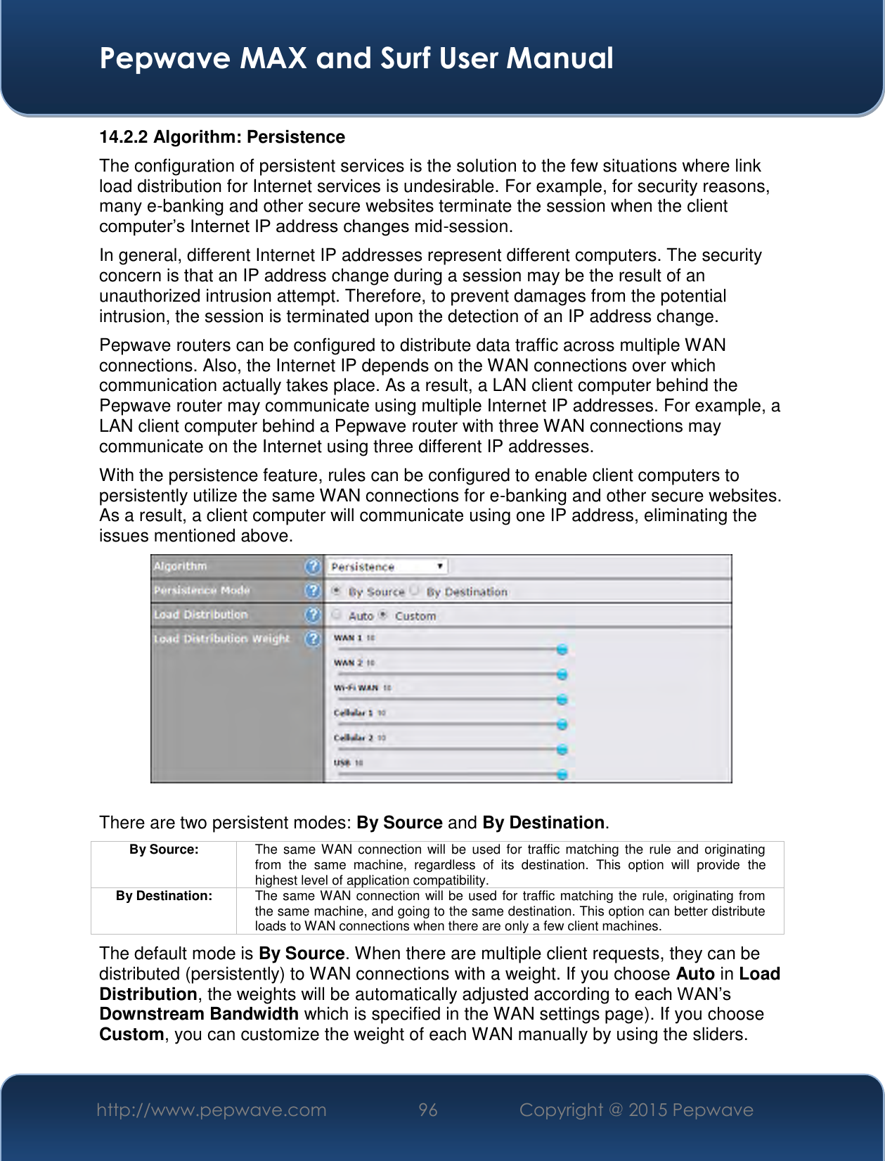  Pepwave MAX and Surf User Manual http://www.pepwave.com 96   Copyright @ 2015 Pepwave   14.2.2 Algorithm: Persistence The configuration of persistent services is the solution to the few situations where link load distribution for Internet services is undesirable. For example, for security reasons, many e-banking and other secure websites terminate the session when the client computer’s Internet IP address changes mid-session.   In general, different Internet IP addresses represent different computers. The security concern is that an IP address change during a session may be the result of an unauthorized intrusion attempt. Therefore, to prevent damages from the potential intrusion, the session is terminated upon the detection of an IP address change. Pepwave routers can be configured to distribute data traffic across multiple WAN connections. Also, the Internet IP depends on the WAN connections over which communication actually takes place. As a result, a LAN client computer behind the Pepwave router may communicate using multiple Internet IP addresses. For example, a LAN client computer behind a Pepwave router with three WAN connections may communicate on the Internet using three different IP addresses. With the persistence feature, rules can be configured to enable client computers to persistently utilize the same WAN connections for e-banking and other secure websites. As a result, a client computer will communicate using one IP address, eliminating the issues mentioned above.   There are two persistent modes: By Source and By Destination.   By Source: The  same WAN  connection  will  be  used  for  traffic  matching  the  rule  and  originating from  the  same  machine,  regardless  of  its  destination.  This  option  will  provide  the highest level of application compatibility. By Destination: The same WAN connection will be used for traffic matching the rule, originating from the same machine, and going to the same destination. This option can better distribute loads to WAN connections when there are only a few client machines. The default mode is By Source. When there are multiple client requests, they can be distributed (persistently) to WAN connections with a weight. If you choose Auto in Load Distribution, the weights will be automatically adjusted according to each WAN’s Downstream Bandwidth which is specified in the WAN settings page). If you choose Custom, you can customize the weight of each WAN manually by using the sliders. 