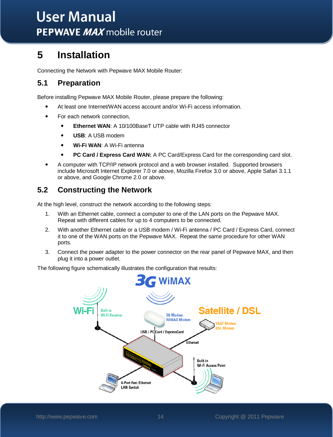    http://www.pepwave.com 14 Copyright @ 2011 Pepwave   5  Installation Connecting the Network with Pepwave MAX Mobile Router: 5.1 Preparation Before installing Pepwave MAX Mobile Router, please prepare the following:  At least one Internet/WAN access account and/or Wi-Fi access information.  For each network connection,  Ethernet WAN: A 10/100BaseT UTP cable with RJ45 connector  USB: A USB modem  Wi-Fi WAN: A Wi-Fi antenna  PC Card / Express Card WAN: A PC Card/Express Card for the corresponding card slot.   A computer with TCP/IP network protocol and a web browser installed.  Supported browsers include Microsoft Internet Explorer 7.0 or above, Mozilla Firefox 3.0 or above, Apple Safari 3.1.1 or above, and Google Chrome 2.0 or above.  5.2 Constructing the Network At the high level, construct the network according to the following steps: 1. With an Ethernet cable, connect a computer to one of the LAN ports on the Pepwave MAX.  Repeat with different cables for up to 4 computers to be connected. 2. With another Ethernet cable or a USB modem / Wi-Fi antenna / PC Card / Express Card, connect it to one of the WAN ports on the Pepwave MAX.  Repeat the same procedure for other WAN ports. 3.  Connect the power adapter to the power connector on the rear panel of Pepwave MAX, and then plug it into a power outlet.   The following figure schematically illustrates the configuration that results:   