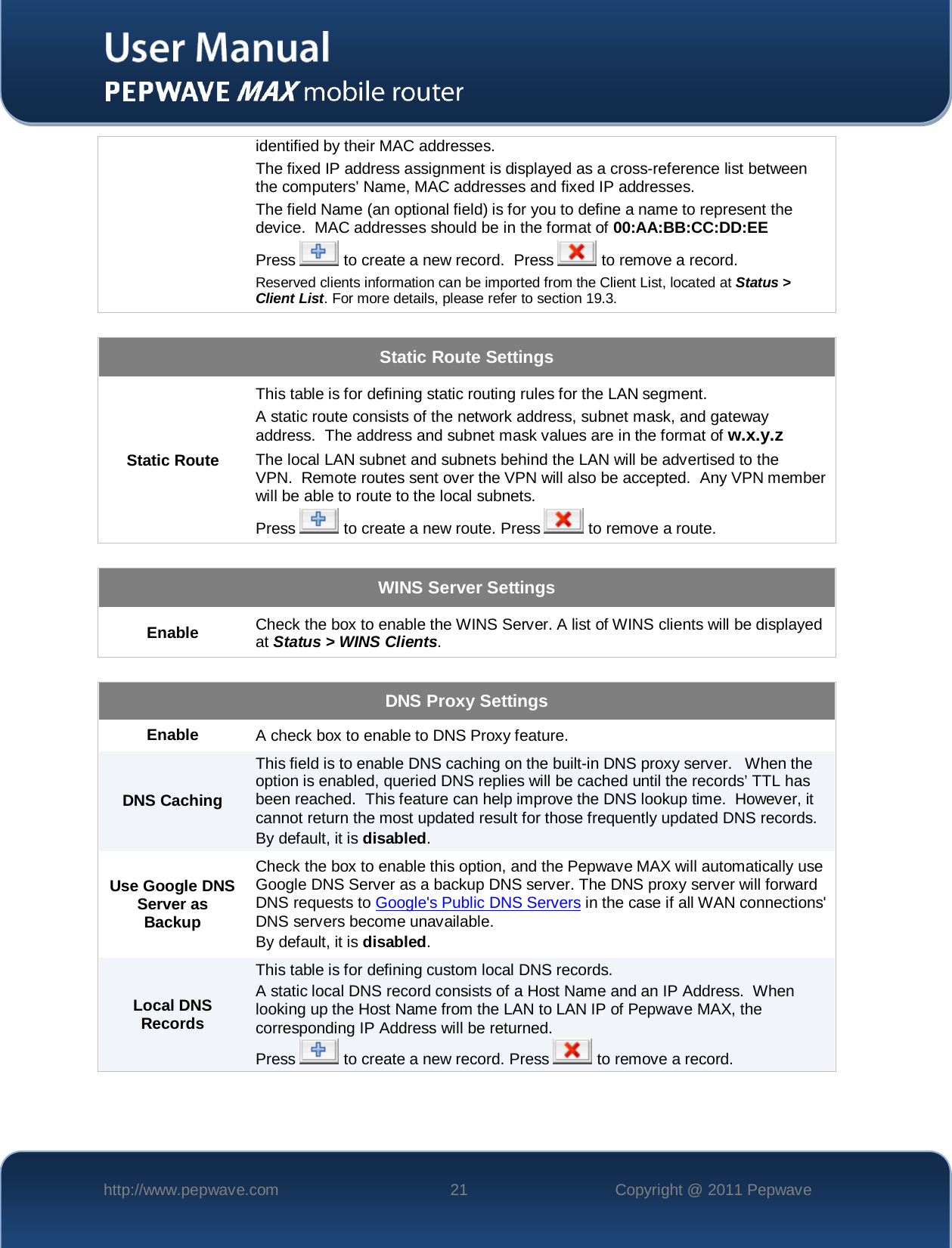    http://www.pepwave.com 21 Copyright @ 2011 Pepwave   identified by their MAC addresses.   The fixed IP address assignment is displayed as a cross-reference list between the computers’ Name, MAC addresses and fixed IP addresses. The field Name (an optional field) is for you to define a name to represent the device.  MAC addresses should be in the format of 00:AA:BB:CC:DD:EE Press   to create a new record.  Press   to remove a record. Reserved clients information can be imported from the Client List, located at Status &gt; Client List. For more details, please refer to section 19.3.  Static Route Settings Static Route This table is for defining static routing rules for the LAN segment.  A static route consists of the network address, subnet mask, and gateway address.  The address and subnet mask values are in the format of w.x.y.z The local LAN subnet and subnets behind the LAN will be advertised to the VPN.  Remote routes sent over the VPN will also be accepted.  Any VPN member will be able to route to the local subnets. Press   to create a new route. Press   to remove a route.  WINS Server Settings Enable Check the box to enable the WINS Server. A list of WINS clients will be displayed at Status &gt; WINS Clients.  DNS Proxy Settings Enable A check box to enable to DNS Proxy feature. DNS Caching This field is to enable DNS caching on the built-in DNS proxy server.   When the option is enabled, queried DNS replies will be cached until the records’ TTL has been reached.  This feature can help improve the DNS lookup time.  However, it cannot return the most updated result for those frequently updated DNS records. By default, it is disabled. Use Google DNS Server as Backup Check the box to enable this option, and the Pepwave MAX will automatically use Google DNS Server as a backup DNS server. The DNS proxy server will forward DNS requests to Google&apos;s Public DNS Servers in the case if all WAN connections&apos; DNS servers become unavailable. By default, it is disabled. Local DNS Records This table is for defining custom local DNS records.  A static local DNS record consists of a Host Name and an IP Address.  When looking up the Host Name from the LAN to LAN IP of Pepwave MAX, the corresponding IP Address will be returned. Press   to create a new record. Press   to remove a record.  