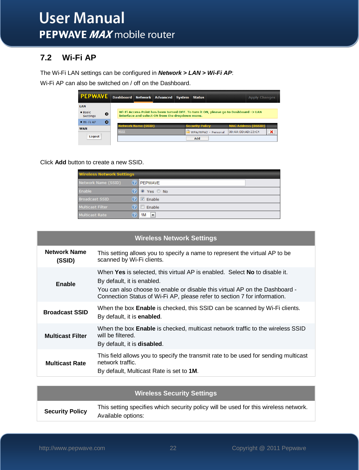    http://www.pepwave.com 22 Copyright @ 2011 Pepwave   7.2 Wi-Fi AP The Wi-Fi LAN settings can be configured in Network &gt; LAN &gt; Wi-Fi AP: Wi-Fi AP can also be switched on / off on the Dashboard.   Click Add button to create a new SSID.   Wireless Network Settings Network Name  (SSID)  This setting allows you to specify a name to represent the virtual AP to be scanned by Wi-Fi clients. Enable When Yes is selected, this virtual AP is enabled.  Select No to disable it. By default, it is enabled.  You can also choose to enable or disable this virtual AP on the Dashboard - Connection Status of Wi-Fi AP, please refer to section 7 for information. Broadcast SSID When the box Enable is checked, this SSID can be scanned by Wi-Fi clients. By default, it is enabled.  Multicast Filter When the box Enable is checked, multicast network traffic to the wireless SSID will be filtered. By default, it is disabled. Multicast Rate This field allows you to specify the transmit rate to be used for sending multicast network traffic. By default, Multicast Rate is set to 1M.  Wireless Security Settings Security Policy This setting specifies which security policy will be used for this wireless network.   Available options: 