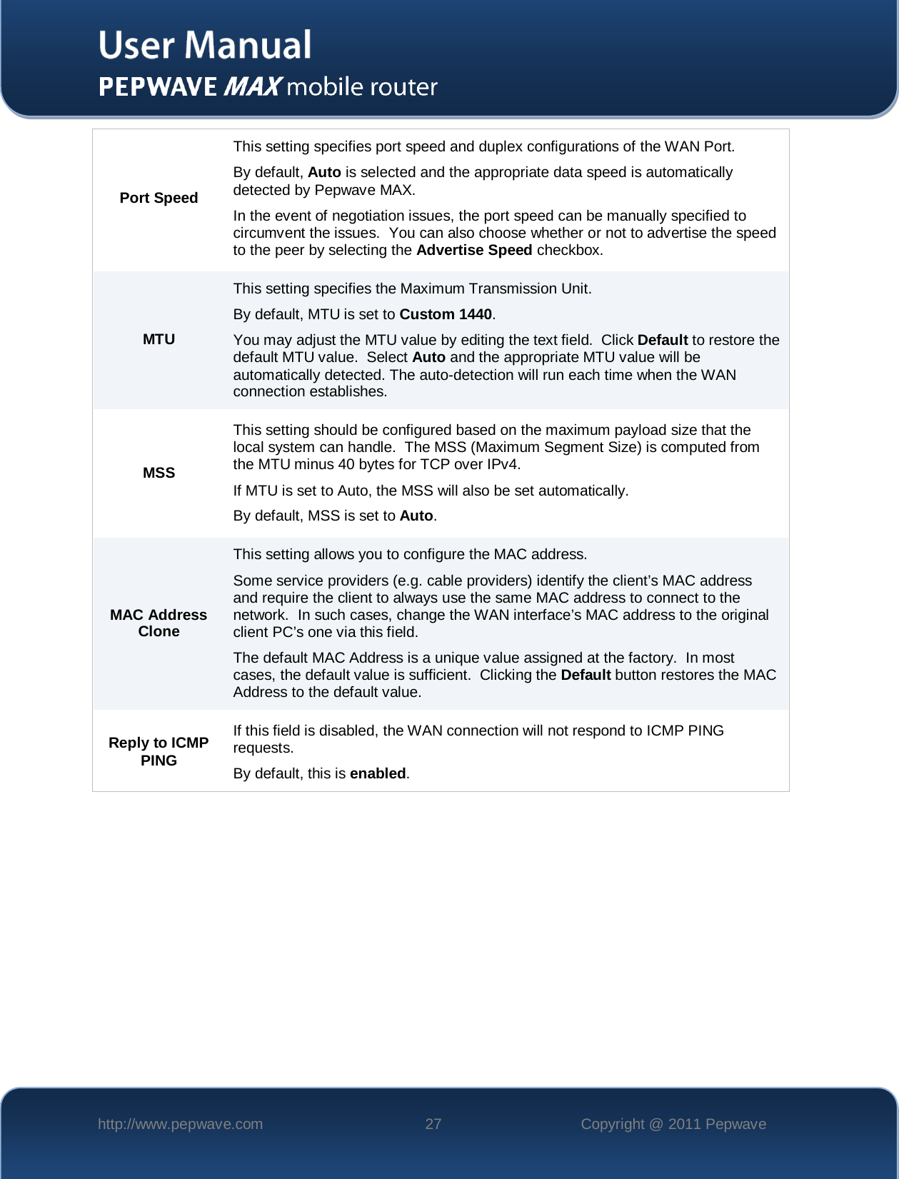    http://www.pepwave.com 27 Copyright @ 2011 Pepwave   Port Speed This setting specifies port speed and duplex configurations of the WAN Port. By default, Auto is selected and the appropriate data speed is automatically detected by Pepwave MAX. In the event of negotiation issues, the port speed can be manually specified to circumvent the issues.  You can also choose whether or not to advertise the speed to the peer by selecting the Advertise Speed checkbox. MTU This setting specifies the Maximum Transmission Unit. By default, MTU is set to Custom 1440. You may adjust the MTU value by editing the text field.  Click Default to restore the default MTU value.  Select Auto and the appropriate MTU value will be automatically detected. The auto-detection will run each time when the WAN connection establishes.  MSS This setting should be configured based on the maximum payload size that the local system can handle.  The MSS (Maximum Segment Size) is computed from the MTU minus 40 bytes for TCP over IPv4. If MTU is set to Auto, the MSS will also be set automatically. By default, MSS is set to Auto. MAC Address Clone This setting allows you to configure the MAC address. Some service providers (e.g. cable providers) identify the client’s MAC address and require the client to always use the same MAC address to connect to the network.  In such cases, change the WAN interface’s MAC address to the original client PC’s one via this field.   The default MAC Address is a unique value assigned at the factory.  In most cases, the default value is sufficient.  Clicking the Default button restores the MAC Address to the default value. Reply to ICMP PING If this field is disabled, the WAN connection will not respond to ICMP PING requests.   By default, this is enabled.  