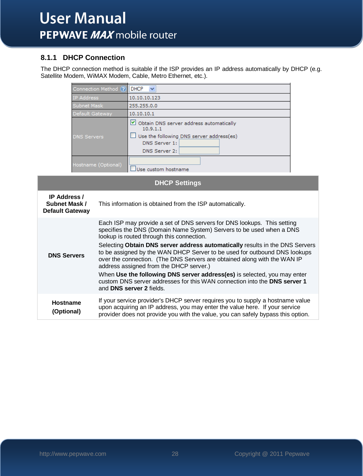    http://www.pepwave.com 28 Copyright @ 2011 Pepwave   8.1.1 DHCP Connection The DHCP connection method is suitable if the ISP provides an IP address automatically by DHCP (e.g. Satellite Modem, WiMAX Modem, Cable, Metro Ethernet, etc.).  DHCP Settings  IP Address / Subnet Mask / Default Gateway This information is obtained from the ISP automatically. DNS Servers Each ISP may provide a set of DNS servers for DNS lookups.  This setting specifies the DNS (Domain Name System) Servers to be used when a DNS lookup is routed through this connection.  Selecting Obtain DNS server address automatically results in the DNS Servers to be assigned by the WAN DHCP Server to be used for outbound DNS lookups over the connection.  (The DNS Servers are obtained along with the WAN IP address assigned from the DHCP server.) When Use the following DNS server address(es) is selected, you may enter custom DNS server addresses for this WAN connection into the DNS server 1 and DNS server 2 fields. Hostname (Optional) If your service provider&apos;s DHCP server requires you to supply a hostname value upon acquiring an IP address, you may enter the value here.  If your service provider does not provide you with the value, you can safely bypass this option.  