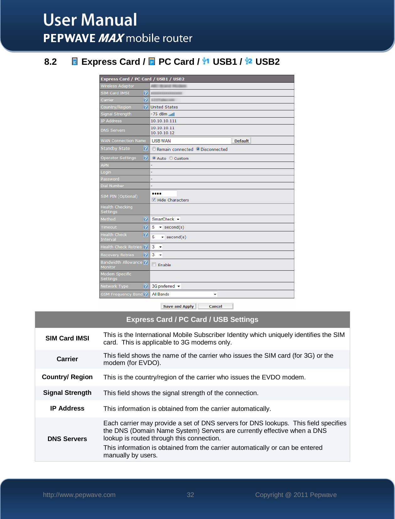    http://www.pepwave.com 32 Copyright @ 2011 Pepwave   8.2     Express Card /   PC Card /   USB1 /   USB2     Express Card / PC Card / USB Settings SIM Card IMSI  This is the International Mobile Subscriber Identity which uniquely identifies the SIM card.  This is applicable to 3G modems only. Carrier This field shows the name of the carrier who issues the SIM card (for 3G) or the modem (for EVDO).  Country/ Region This is the country/region of the carrier who issues the EVDO modem. Signal Strength This field shows the signal strength of the connection. IP Address This information is obtained from the carrier automatically. DNS Servers Each carrier may provide a set of DNS servers for DNS lookups.  This field specifies the DNS (Domain Name System) Servers are currently effective when a DNS lookup is routed through this connection.  This information is obtained from the carrier automatically or can be entered manually by users. 
